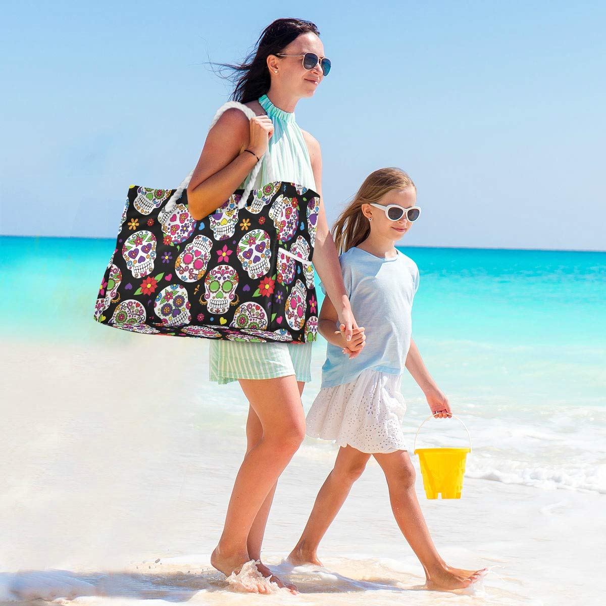 ALAZA Sugar Skull Beach Tote Bag - Stylish Halloween & Day of the Dead Travel Bag for Women, Waterproof Camping & Gym Tote - Perfect for Beach Trips, Workouts & Festival Outings