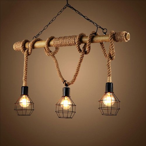 Mozeny 3-Light Vintage Industrial Ceiling Pendant Light - Adjustable Iron Bamboo Cage Chandelier with Hemp Rope | Retro Metal Lamp Shade for Restaurant, Bar, Cafe & Home Decor | Perfect for Farmhouse, Loft & Cannabis-Themed Spaces