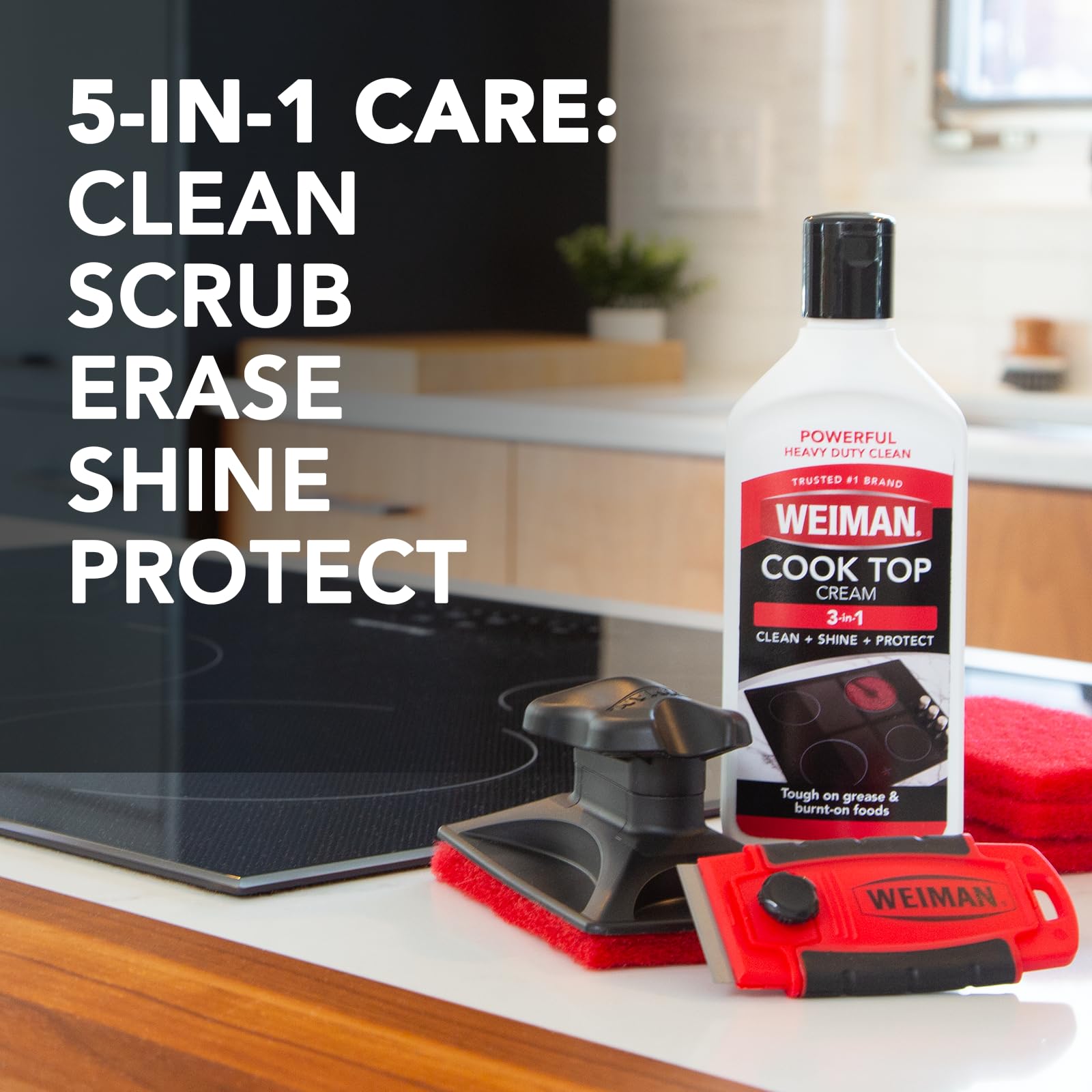 Weiman Cooktop and Stove Top Cleaner Kit - 10 oz Glass Cooktop Cleaner & Polish with Scrubbing Pad, Razor Scraper & Cleaning Tool | For Ceramic, Induction & Electric Stoves | Quick Burner Stain Removal & Surface Protection