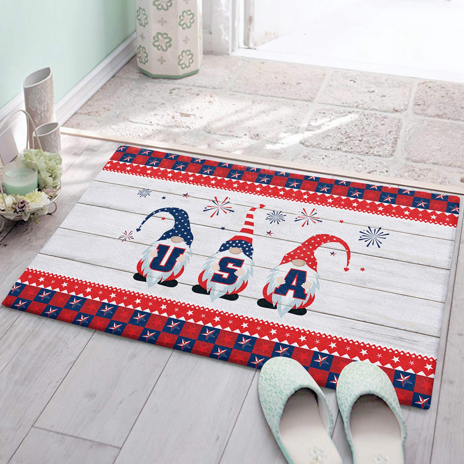 Super Soft Fluffy Shag Bath Rugs - Non-Slip Plush Bathroom Doormat, Absorbent Indoor Carpet for Bathroom, Bedroom & Living Room | USA Independence Day Themed Blue Red Star Check Design | Perfect for Farmhouse, Wooden Floors & Front Door Decor