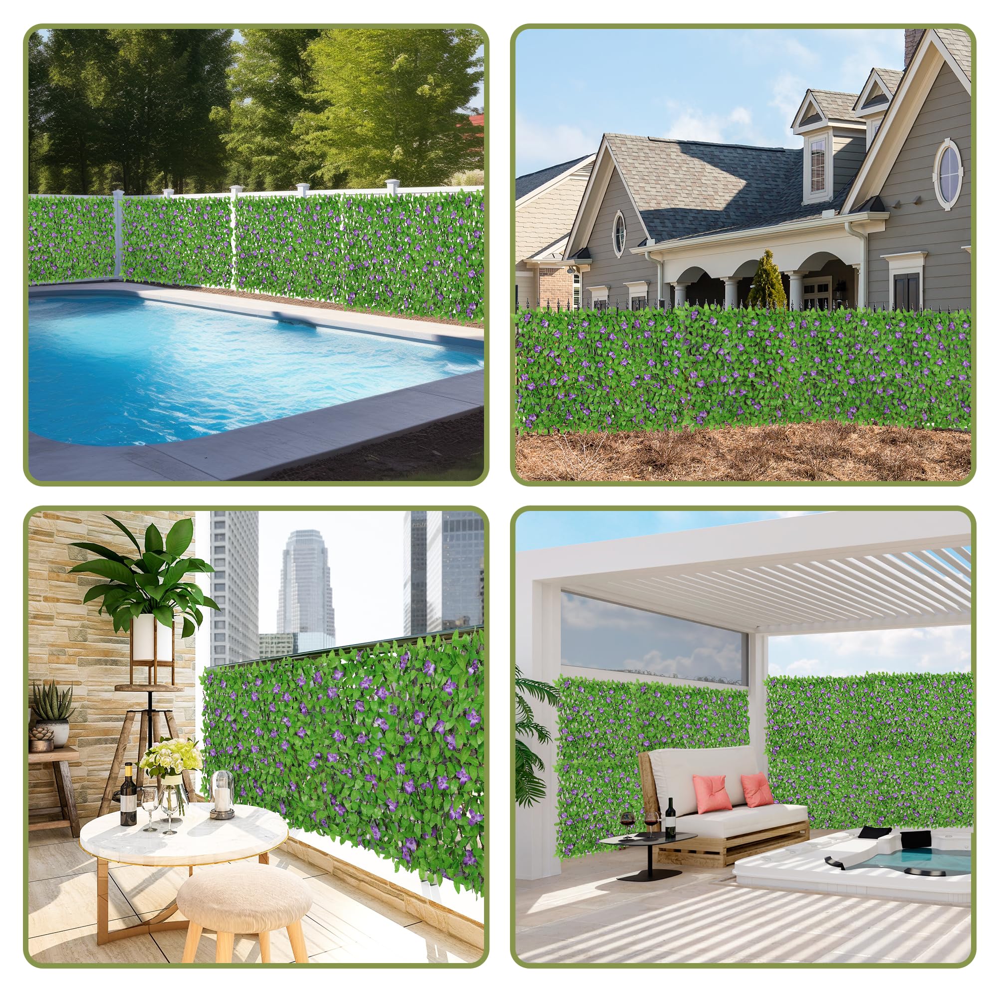 4 Pack Expandable Fence Privacy Screen - Decorative Artificial Ivy Greenery Fencing Panel with Purple Flowers for Balcony, Patio, Yard (Single Sided Leaves) | Outdoor Privacy Solution, Garden Decor, Backyard Screening