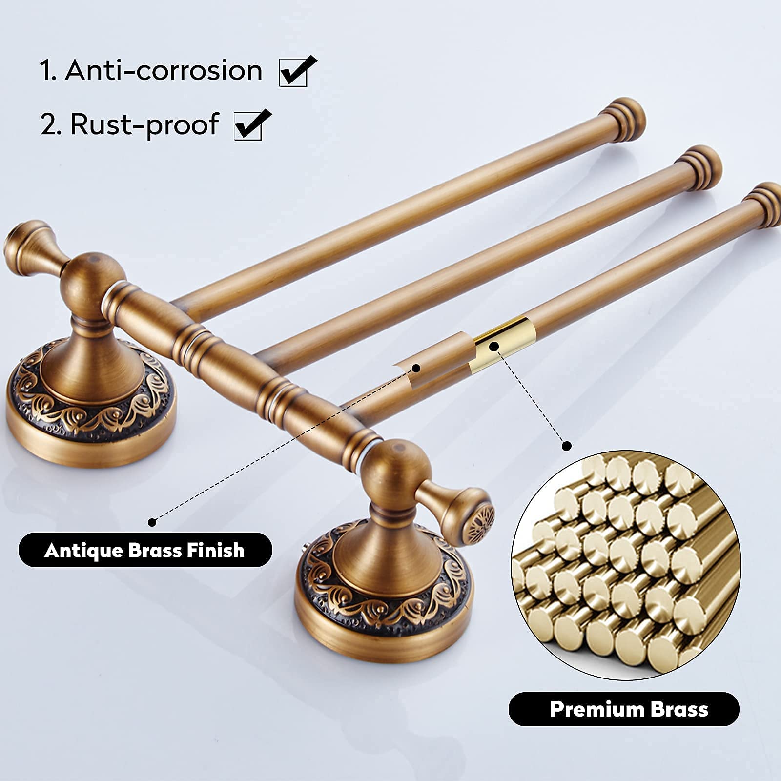 Leyden Swivel Towel Bar - Antique Brass 3-Arm Rotating Towel Rack Holder for Bathroom, Kitchen & Laundry Room - Rust-Resistant & Space-Saving Design