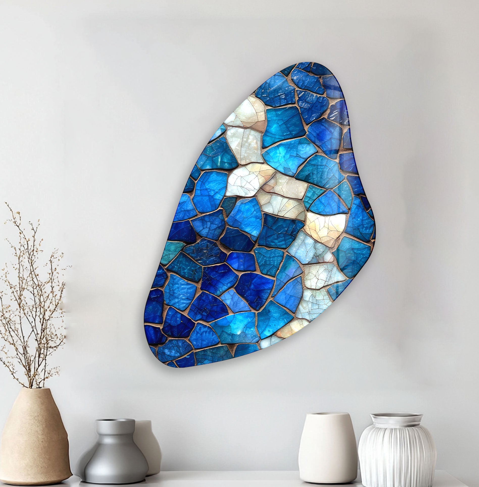 Handmade Blue Mosaic Asymmetrical Glass Wall Art - Modern Abstract Home Decor for Living Room, Bedroom & Office