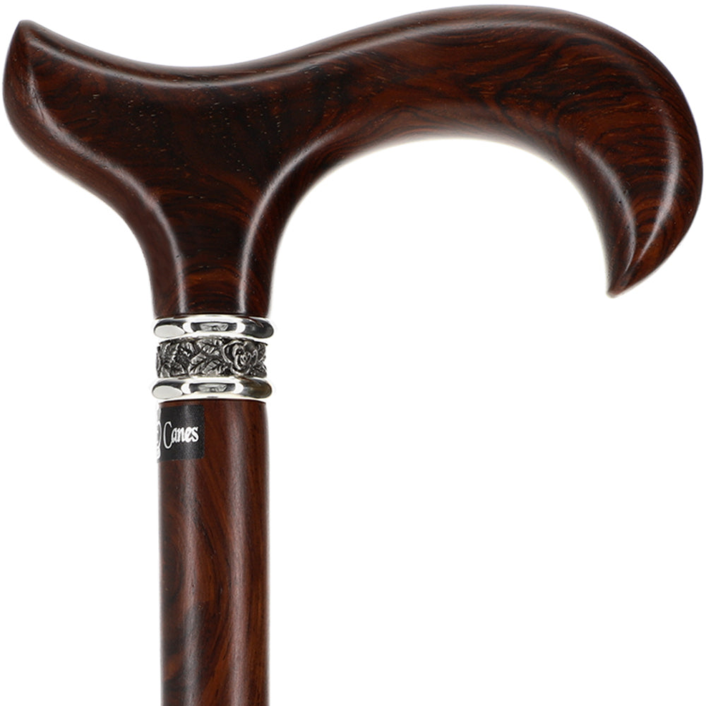 Premium Cocobolo Wood Walking Cane with Pewter Rose Collar - Scratch & Dent Derby Style V1417 | Elegant Mobility Aid for Seniors & Fashionable Walking Stick for Outdoor Activities