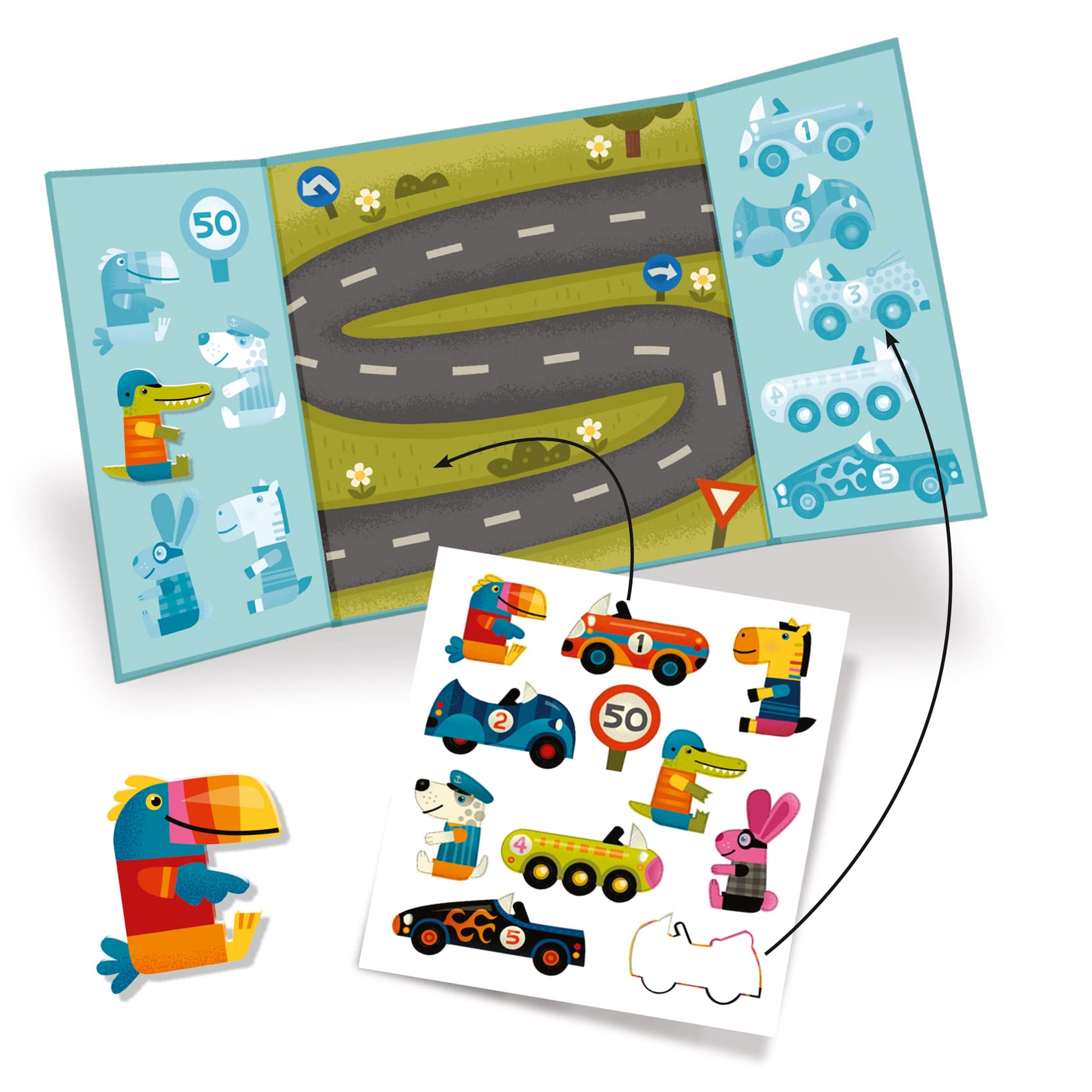 DJECO Sticker Stories Activity Toy - Cars for Kids | Creative Play & Learning | Perfect for Travel, Birthday Gifts & Classroom Activities