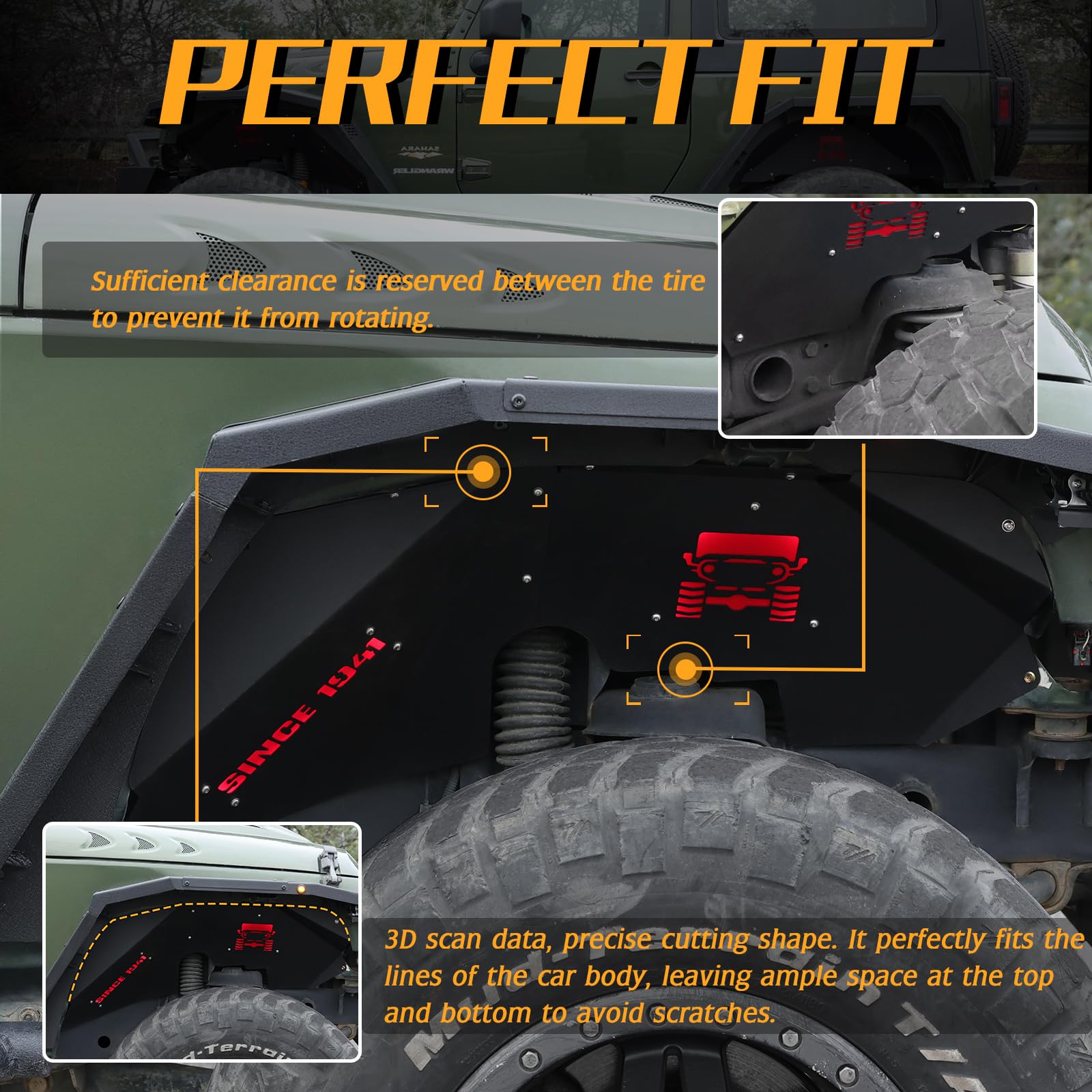 Aluminum Front Fender Liners with 4 LED Lights for Jeep Wrangler JK & JKU (2007-2018) - Compatible with Sport, Sahara, Rubicon Models (2/4 Door) | Off-Road Protection & Enhanced Style