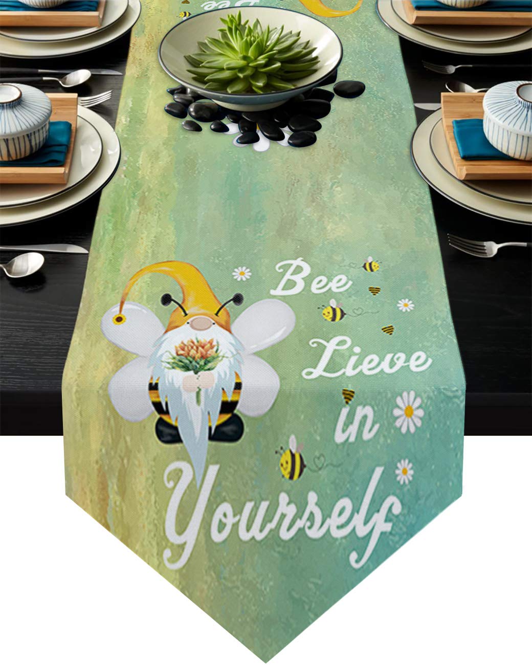 Farmhouse Linen Burlap Table Runner 13x70 Inch - Bee & Gnome Spring Print, Machine Washable Dining Room Decor for Kitchen, Buffet or Dresser - Perfect for Rustic Weddings & Seasonal Home Styling