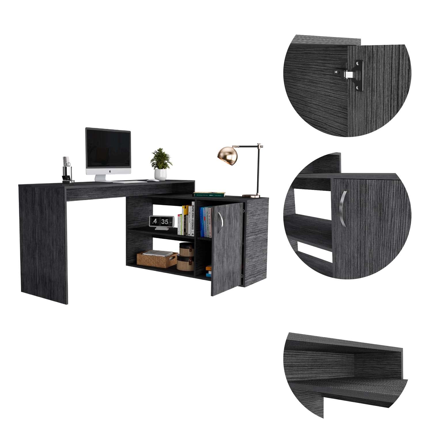 L-Shaped Home Office Desk with 2 Shelves & Drawer - Smoky Oak Wooden Computer Workstation for Small Space, Gaming & Study Room Furniture