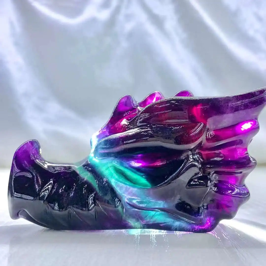 10cm Rainbow Macaron Fluorite Crystal Dragon Head Skull Carving - Natural Mineral Specimen for Home Decor, Meditation & Feng Shui Healing Stone