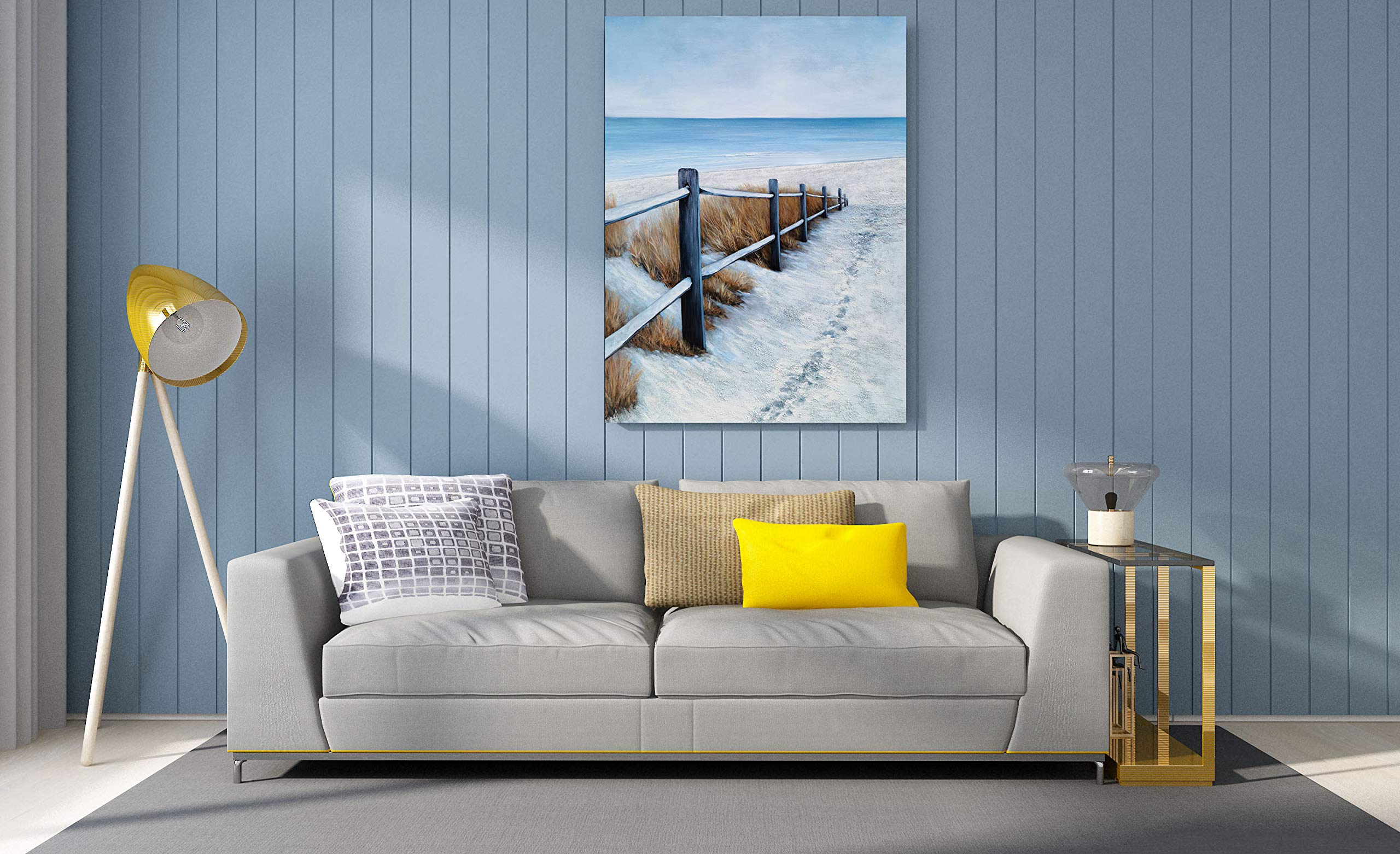 Hand Painted Blue and White Abstract Coastal Canvas Wall Art - Modern Nautical Beach Painting with Fence for Living Room, Bedroom & Bathroom Decor | Perfect for Coastal, Beach House or Ocean Theme Home Styling