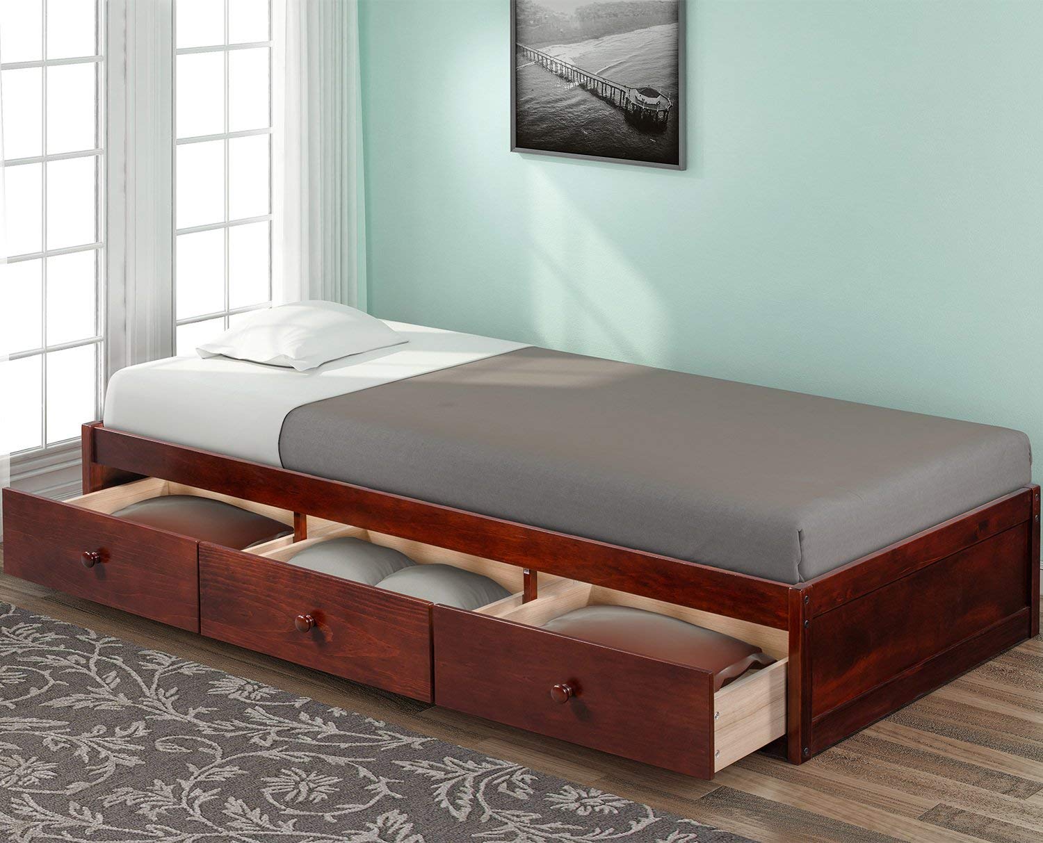 Rhomtree Twin Size Storage Platform Bed Frame with 3 Drawers - Espresso Finish | Space-Saving Captain Bed for Small Bedrooms & Kids Rooms