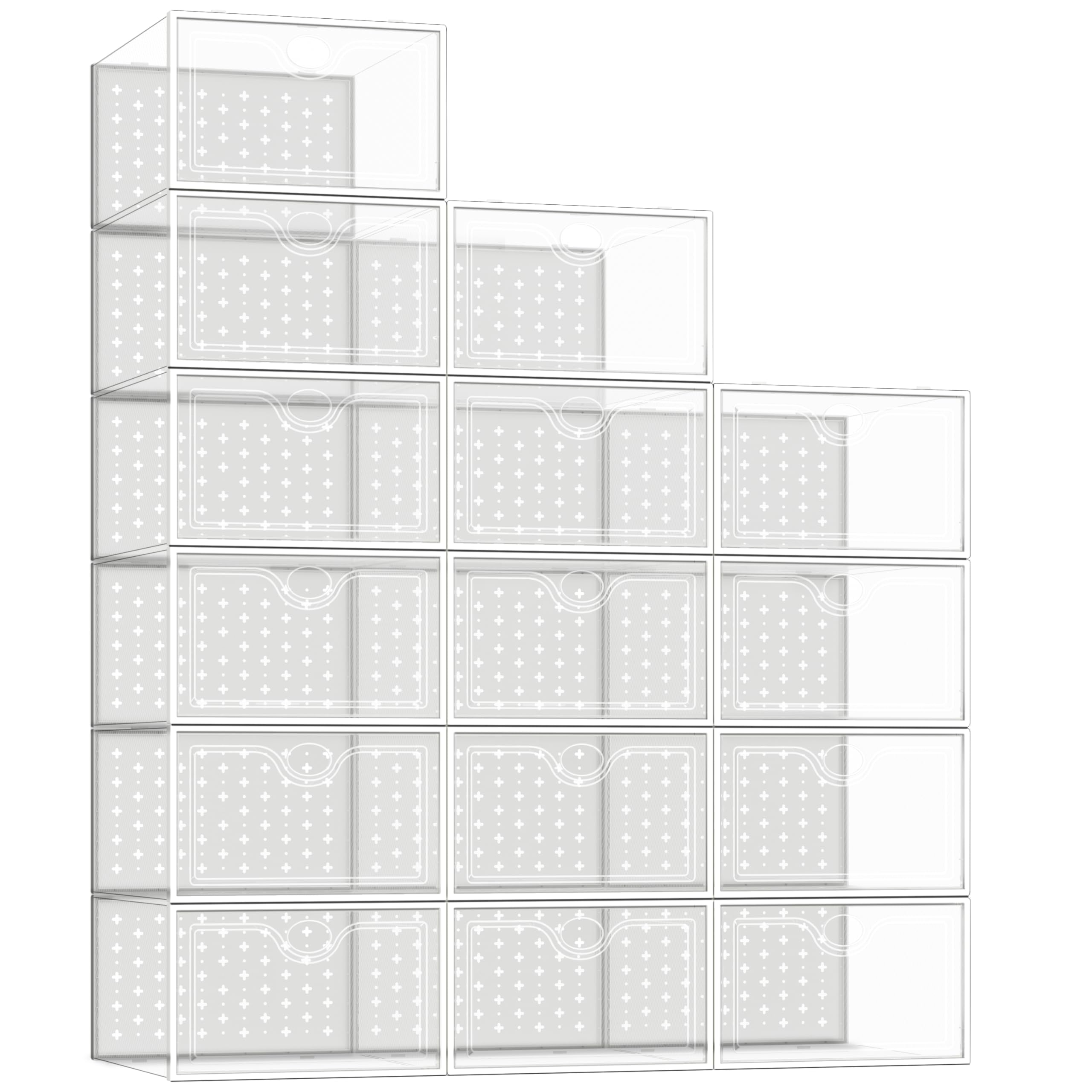 Pinkpum 15-Pack Extra Large Clear Plastic Shoe Storage Boxes - Fits Size 12 Sneakers, Stackable Shoe Organizer for Closet | Perfect for Sneakerheads Collection, Shoe Display & Home Organization (White)