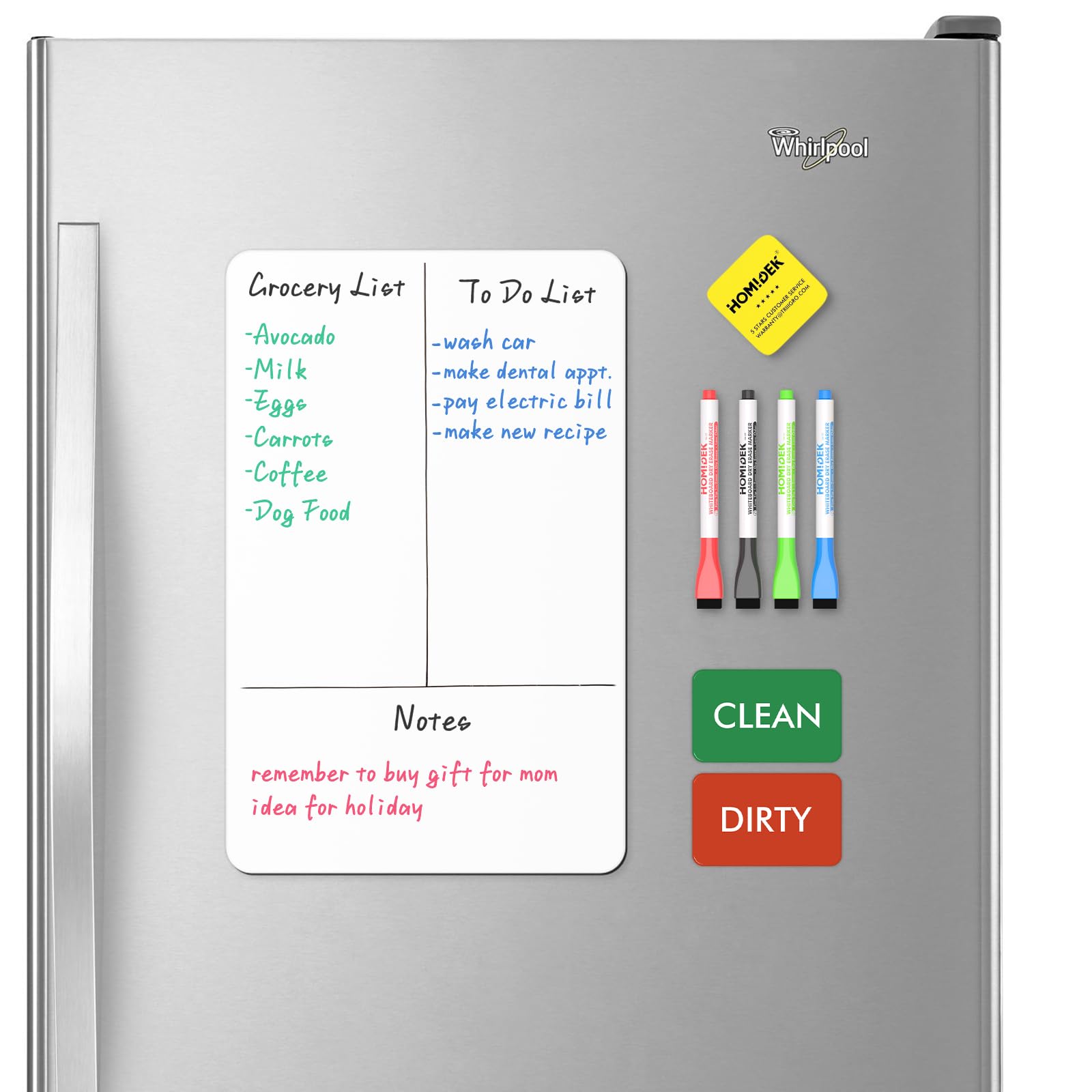 Small Magnetic Dry Erase Board for Refrigerator - 12 x 8 Inch Flexible Fridge Whiteboard with Dishwasher Magnet Clean/Dirty Sign, Includes 4 Markers & Eraser - Perfect for Kitchen, Office, and Home Organization
