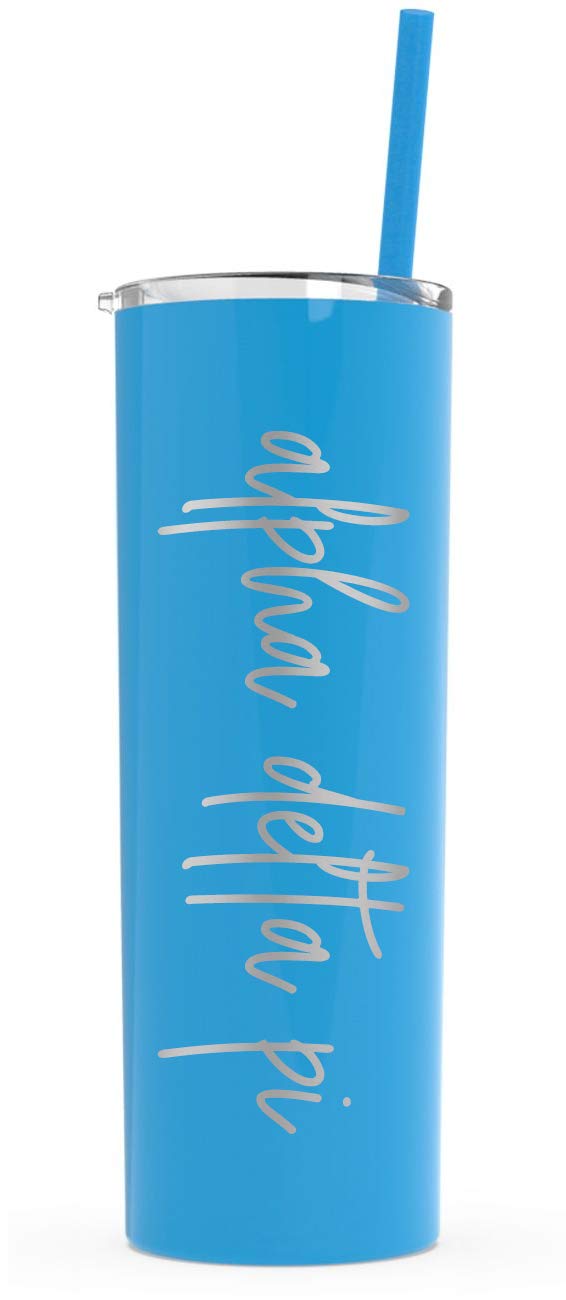 Alpha Delta Pi Laser Engraved Skinny Tumbler with Straw - 20oz Insulated Stainless Steel Water Bottle for College Students, Sorority Gifts, Greek Life Accessories - Perfect for School, Gym & Outdoor Activities (Aqua)