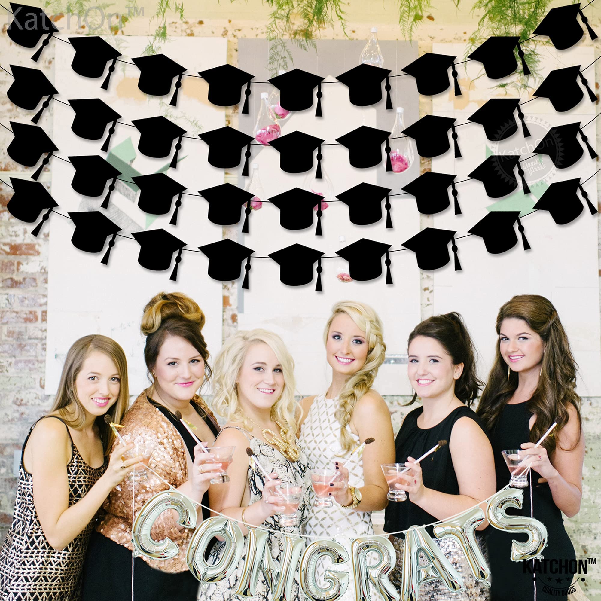 KatchOn Black Felt Graduation Cap Garland - 4 String | Class of 2025 Graduation Party Decorations, Graduation Ceremony & Photo Backdrop Decor | Perfect for High School, College Graduation Celebrations & Commencement Parties