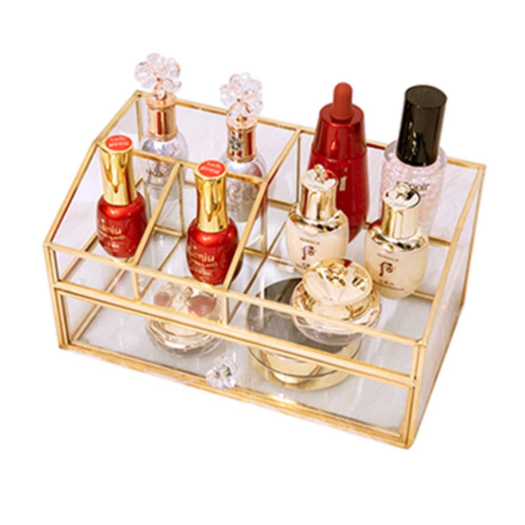 YYDS Makeup & Jewelry Storage Box - Brass & Glass Cosmetic Organizer with Drawers, Transparent Dresser Storage for Bathroom, Vanity & Bedroom Organization