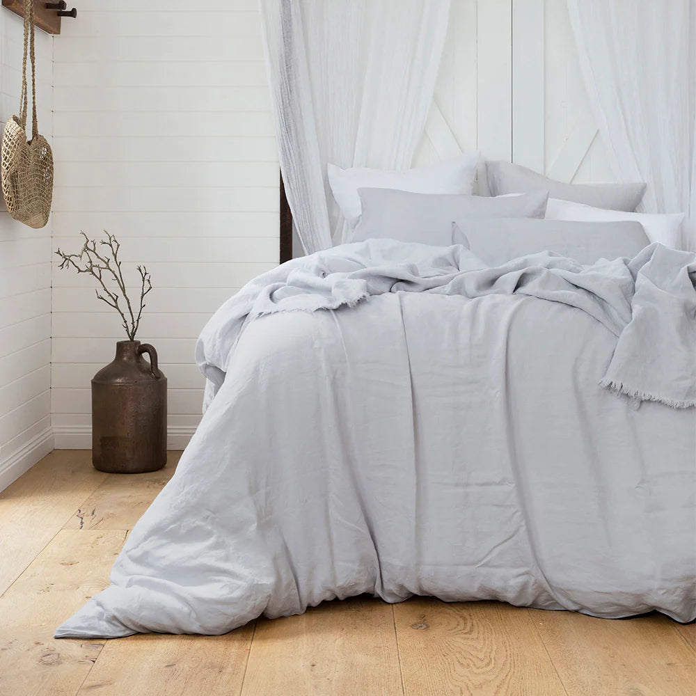 Premium French Linen Quilt Cover Set by Bambury - Silver Grey Luxury Bedding for Master Bedroom & Guest Room - Breathable & Soft All-Season Comfort