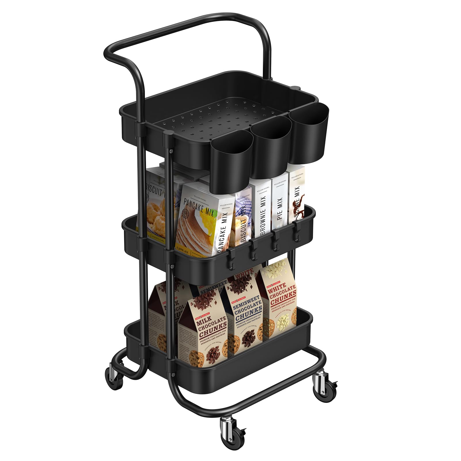 3-Tier Metal Rolling Utility Cart with Wheels - Multifunctional Storage Organizer with Mesh Baskets, Mobile Trolley Cart with Handle for Kitchen, Bathroom, Office & Workshop (Black) - Perfect for Organizing Cleaning Supplies, Bathroom Essentials, Office Files or Workshop Tools