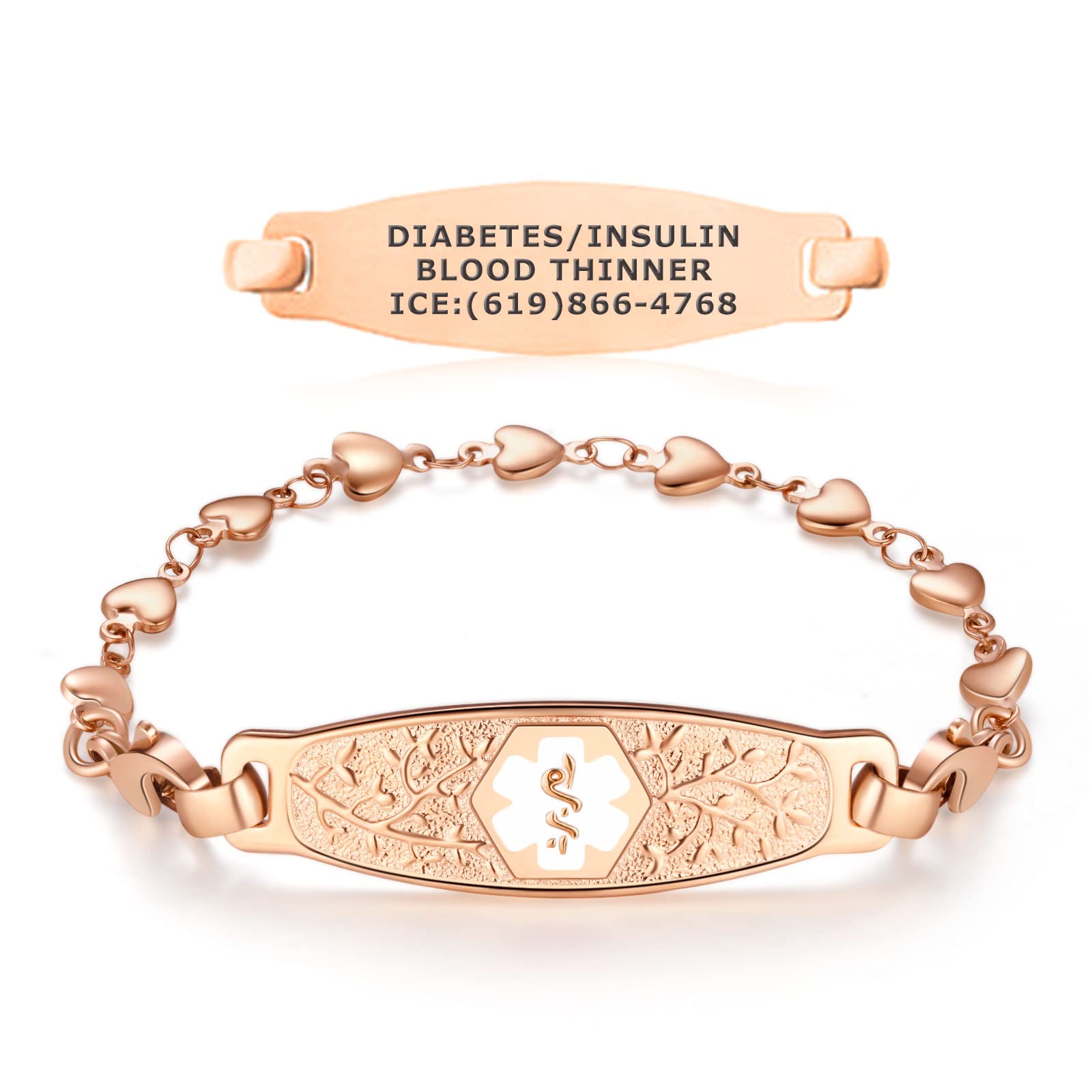 Divoti Custom Engraved Medical Alert Bracelets for Women - Personalized Medical ID Bracelet with Free Engraving - Elegant PVD Rose Gold/Gold Olive Tag & Heart Link Charm - Adjustable Sizing - Perfect for Diabetes, Allergies & Emergency Medical Identification