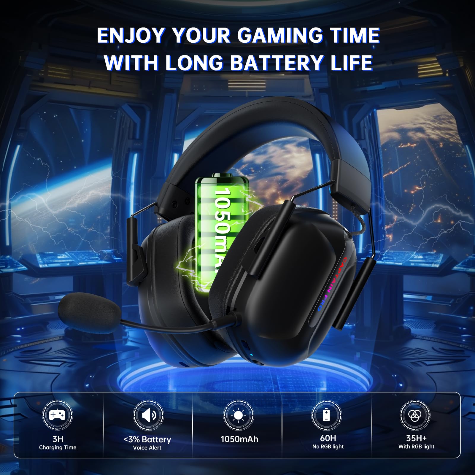 RYR Wireless Gaming Headset for Xbox Series X|S, Xbox One, PC, PS4, PS5, Mac, Nintendo Switch - Bluetooth 5.2, Surround Sound, 60H Battery Life, Detachable Noise Cancelling Mic - Black | Perfect for Competitive Gaming, Streaming & Online Chat