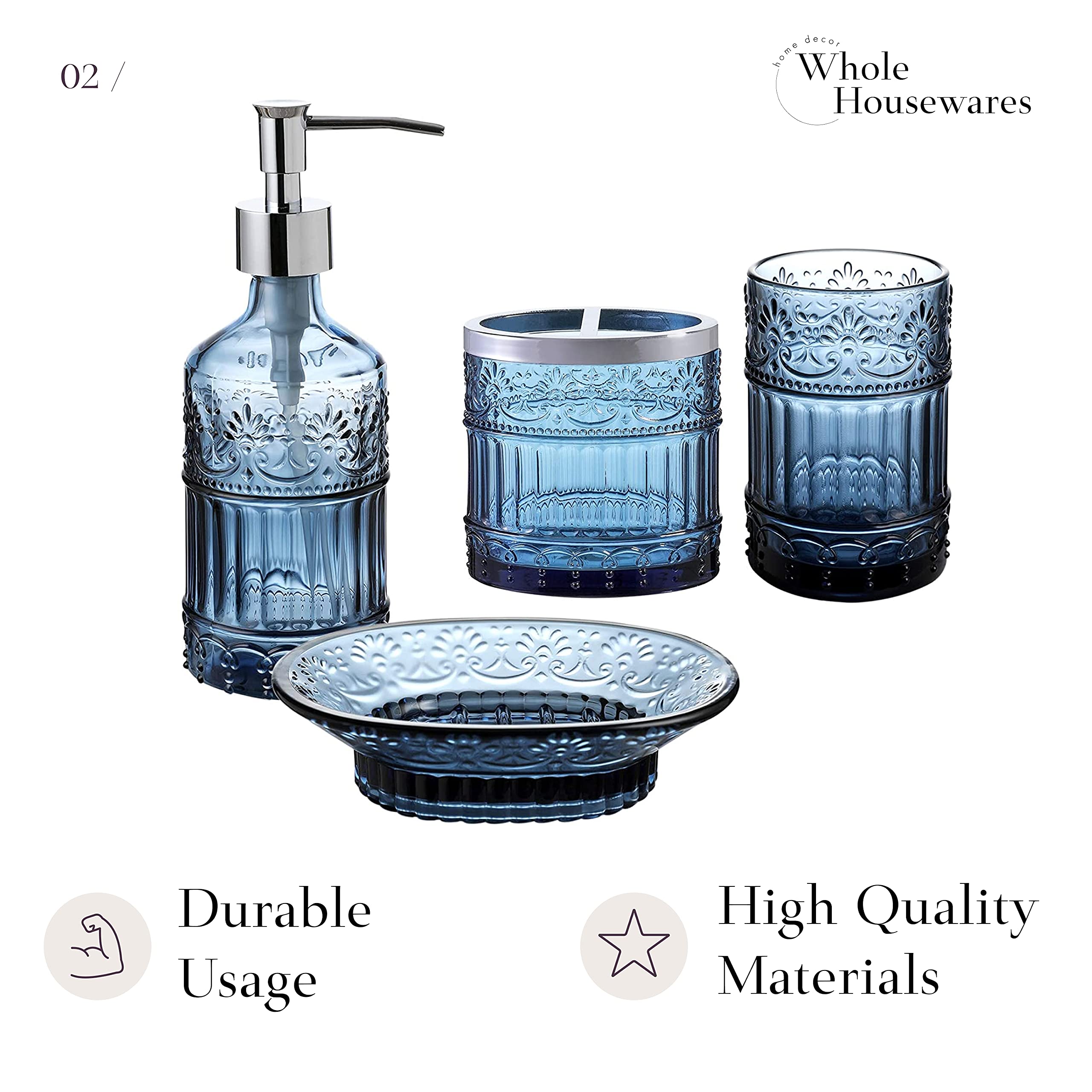 4-Piece Blue Glass Bathroom Accessories Set - Soap Dispenser, Toothbrush Holder, Vanity Tray & Jar - Elegant Boho Style Countertop Organizer for Bathroom Decor - Perfect for Modern, Farmhouse or Coastal Style Homes