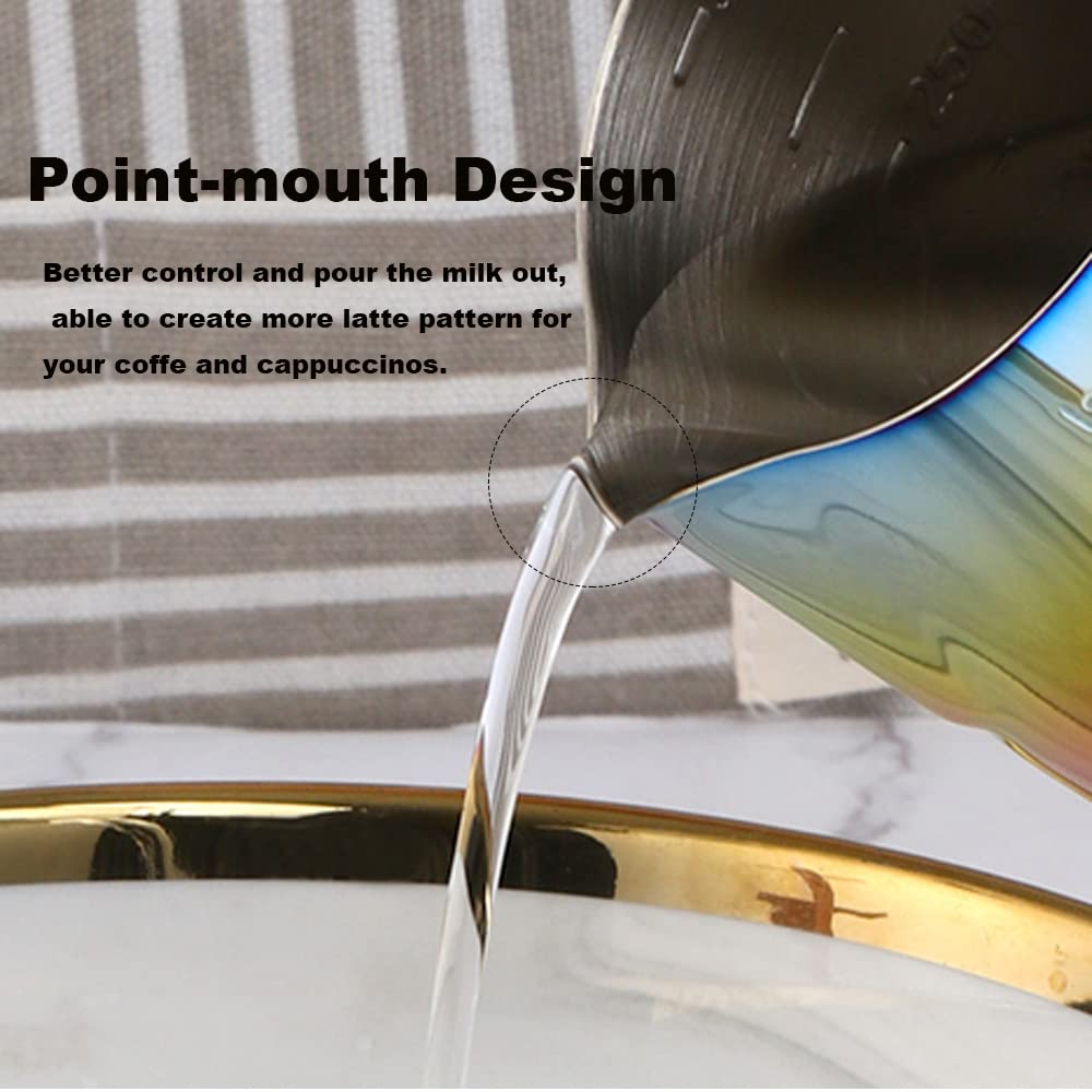 Premium Stainless Steel Milk Frother Cup 600ml (20oz) - Barista Tools for Coffee, Espresso & Latte Art - Electric Whisker & Steaming Pitcher - Rainbow Design for Home & Cafe Use