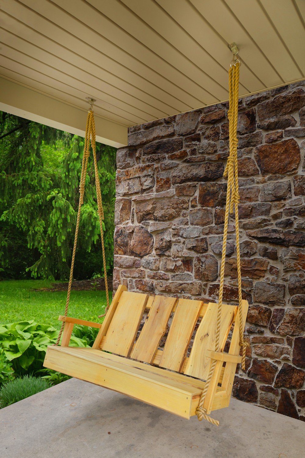 A&L Furniture Blue Mountain Timberland Swing with Rope - Heavy Duty Wooden Porch Swing for Outdoor Garden, Patio, Backyard Relaxation