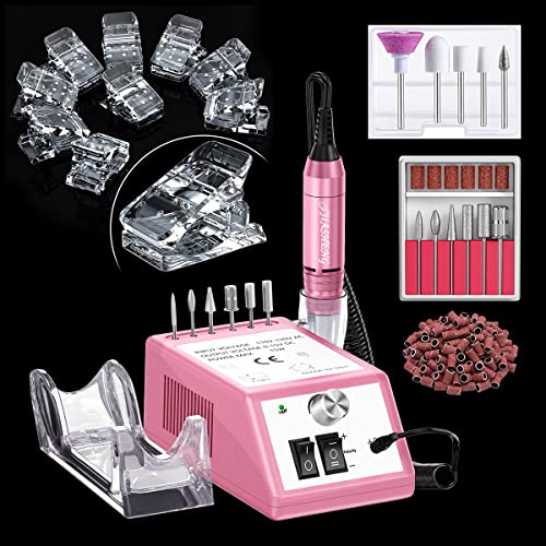 Professional Electric Nail Drill Machine 30000 RPM - 10PC Nail Tips & Clips for Poly Gel Extension - Transparent Finger Forms for Home Salon & DIY Manicure - Perfect for Nail Art, Acrylics & Gel Extensions