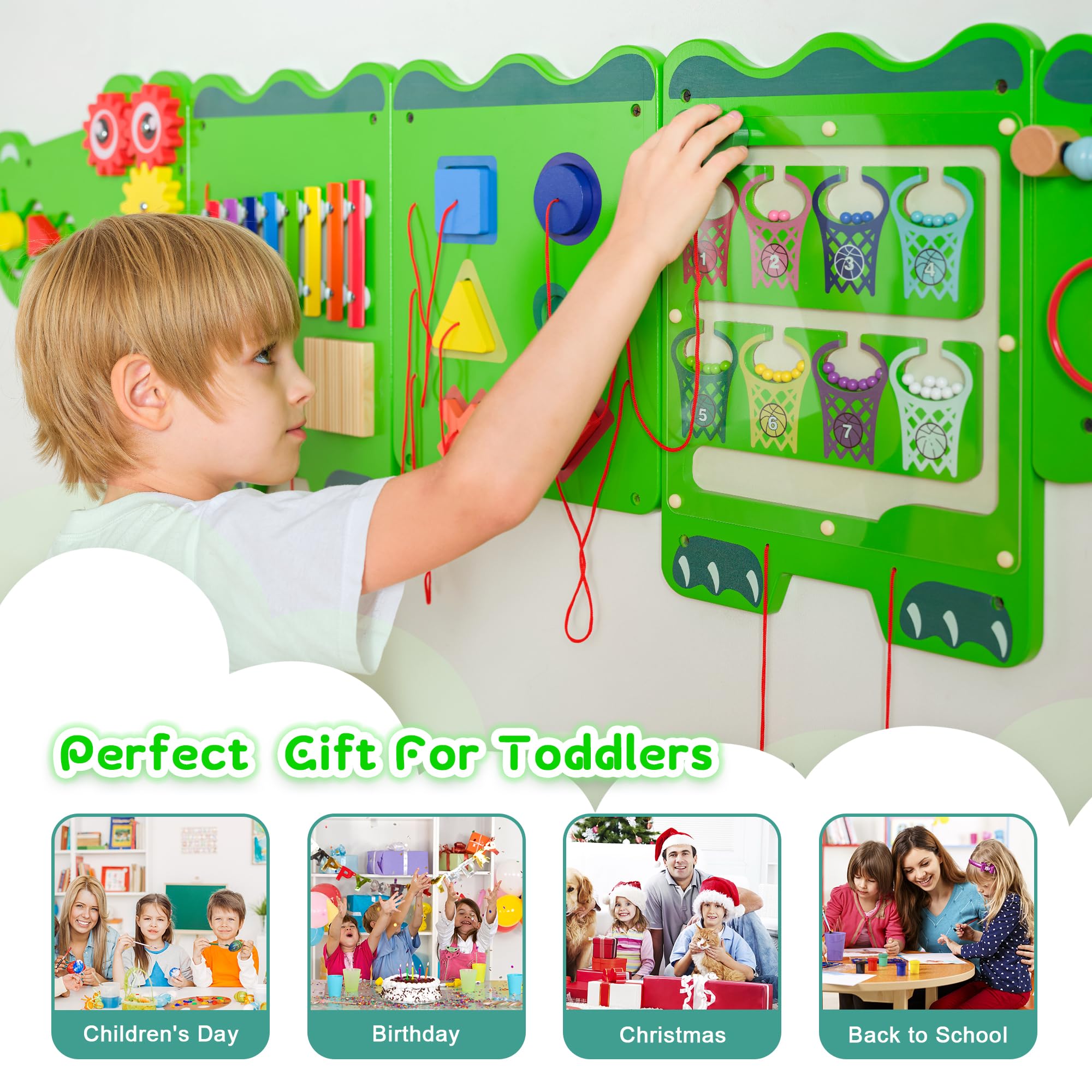 **Crocodile Sensory Toys Activity Wall Panels - Montessori Busy Board for Toddlers 18+ Months, Wooden Learning & Interactive Toys for Fine Motor Skills - Sensory Wall & Activity Cube for Daycare, Preschool, Home Play (Green)**