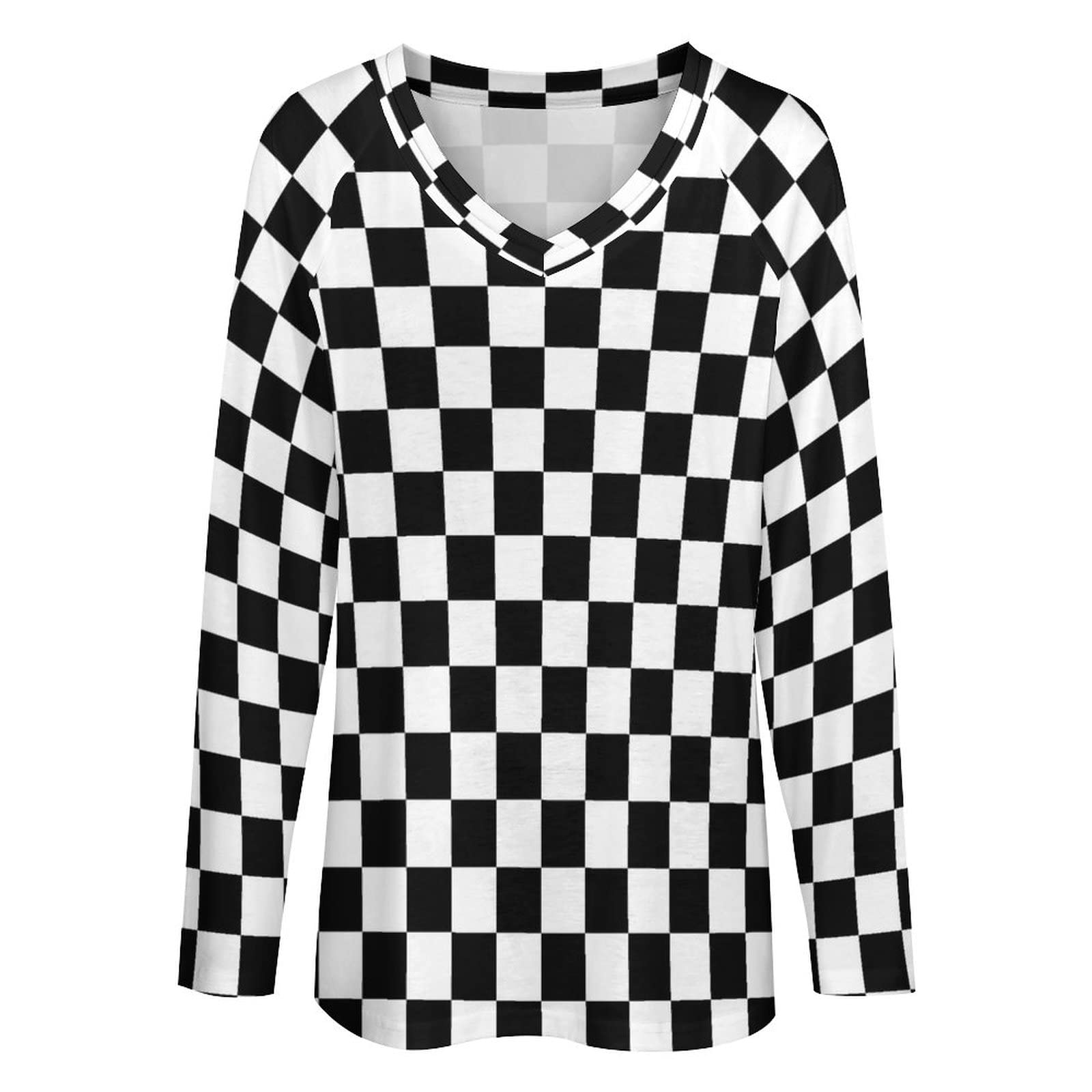 SEPTYK Black & White Checkered Flag Pattern Women's Long Sleeve V-Neck T-Shirt - Casual Loose Graphic Pullover Tee for Racing Fans, Streetwear & Everyday Fashion