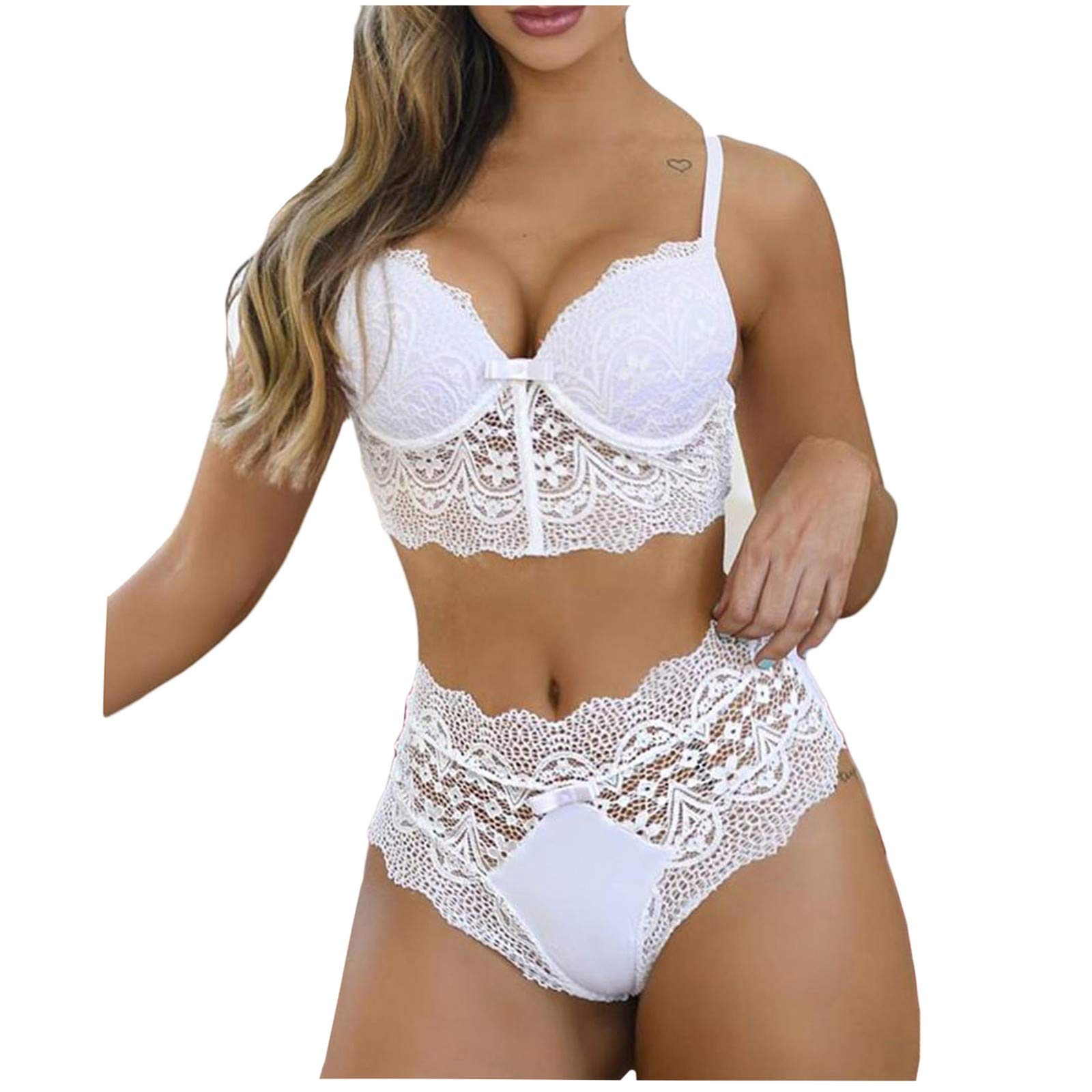 Sexy Lace Bowknot Pajama Set for Women - Floral Lingerie with Push Up Bra & Panties - Perfect for Valentine's Day, Honeymoon & Romantic Nights
