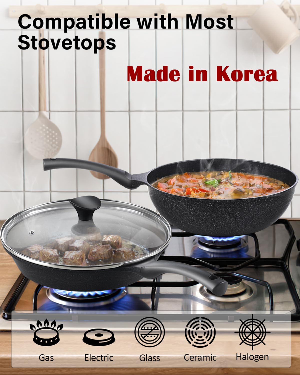 Nonstick Deep Fry Pan with Lid - 11 Inch Marble Wok Saute Skillet for Stir Frying, Black | Cook N Home Large Frying Pan for Sautéing, Frying & Cooking Family Meals