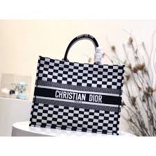 Dior Book Tote Bag - Black & White Checkered Canvas Luxury Handbag for Women | Perfect for Work, Travel & Everyday Use