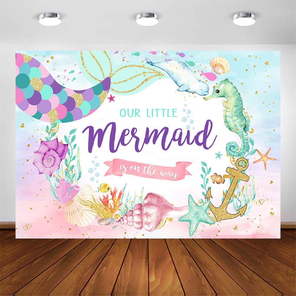 7x5ft Mermaid Baby Shower Backdrop - Underwater Sea Theme Photography Background with Mermaid Tail Design for Girl's Birthday Party Decor, Cake Table Banner - Perfect for Baby Showers, Gender Reveals & Themed Celebrations