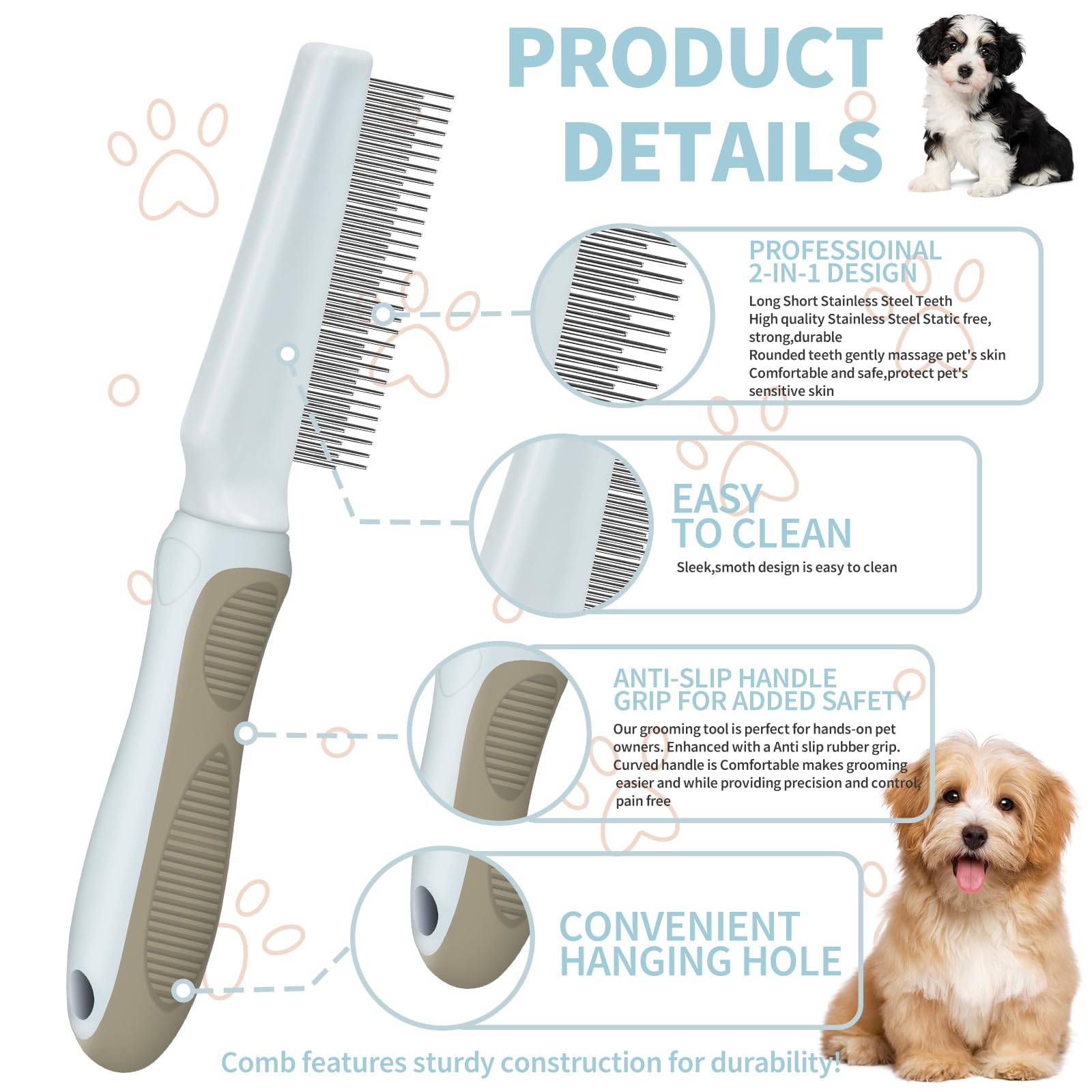 Premium Ropo Pet Grooming Comb for Dogs & Cats - 2-in-1 Stainless Steel Flea Comb with Long & Short Teeth for Detangling Knots & Removing Tangles - Gentle Long Handle Brush for Daily Pet Care & Coat Maintenance
