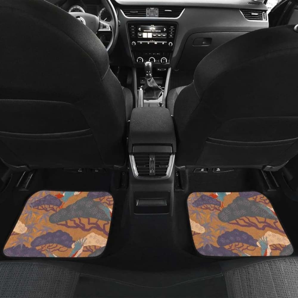 Japanese Bonsai Bamboo Stork Pattern Brown Car Mats - Front & Back Set for Luxury & Style | Perfect for Sedans, SUVs, and Trucks