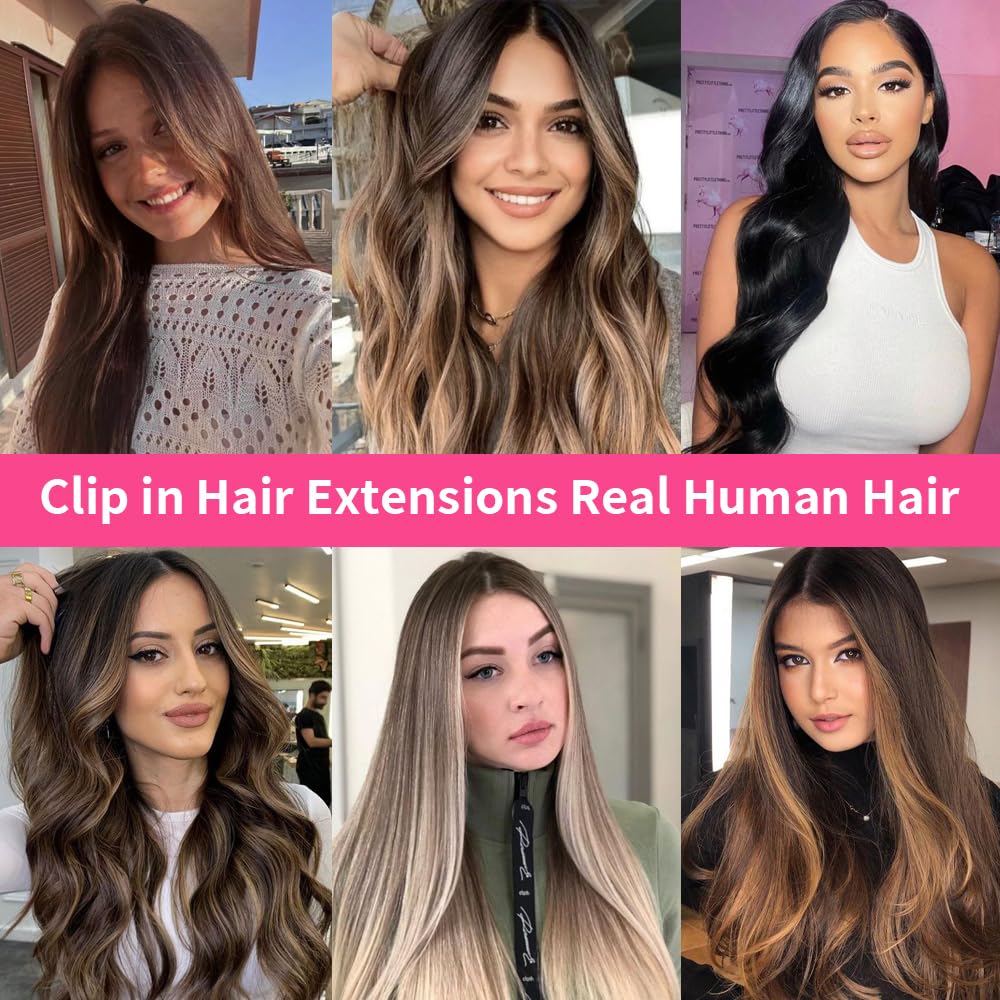 120g Remy Human Hair Clip-in Extensions - Balayage Chocolate Brown & Blonde Mix - 8pcs (4/613, 22inch) - Natural Look for Daily Wear, Parties & Special Occasions