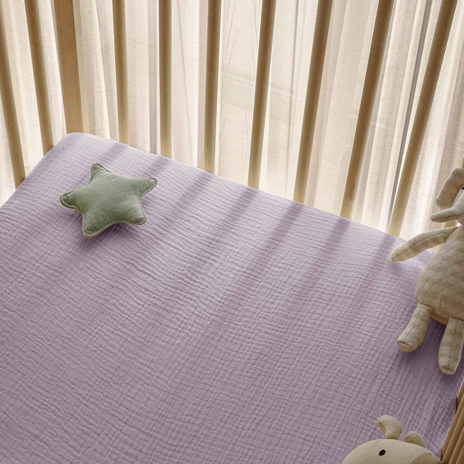 Little Grape Land 2-Pack Muslin Crib Sheets - 100% Cotton Soft Breathable Fitted Crib Sheets for Boys & Girls (52x28 Inches) - Neutral Baby Bed Sheets with Purple Butterfly Design - Perfect for Nursery, Daycare & Travel