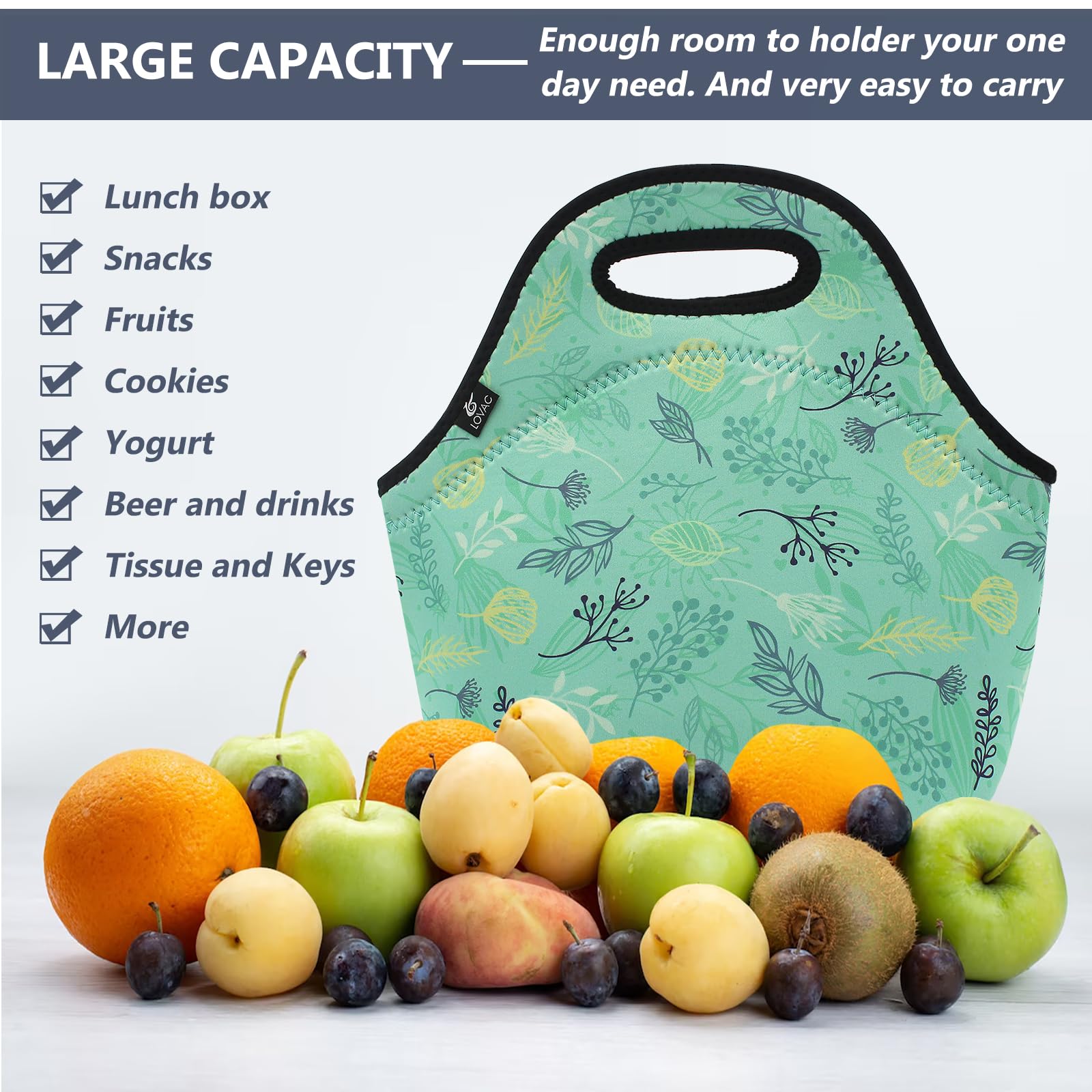 LOVAC Neoprene Lunch Bag - Thick Insulated & Waterproof Lunch Tote with Zipper for Work, School, Picnics & Outdoor Travel | Durable & Leakproof Food Container for Office, Hiking & Camping (Leaf Green)