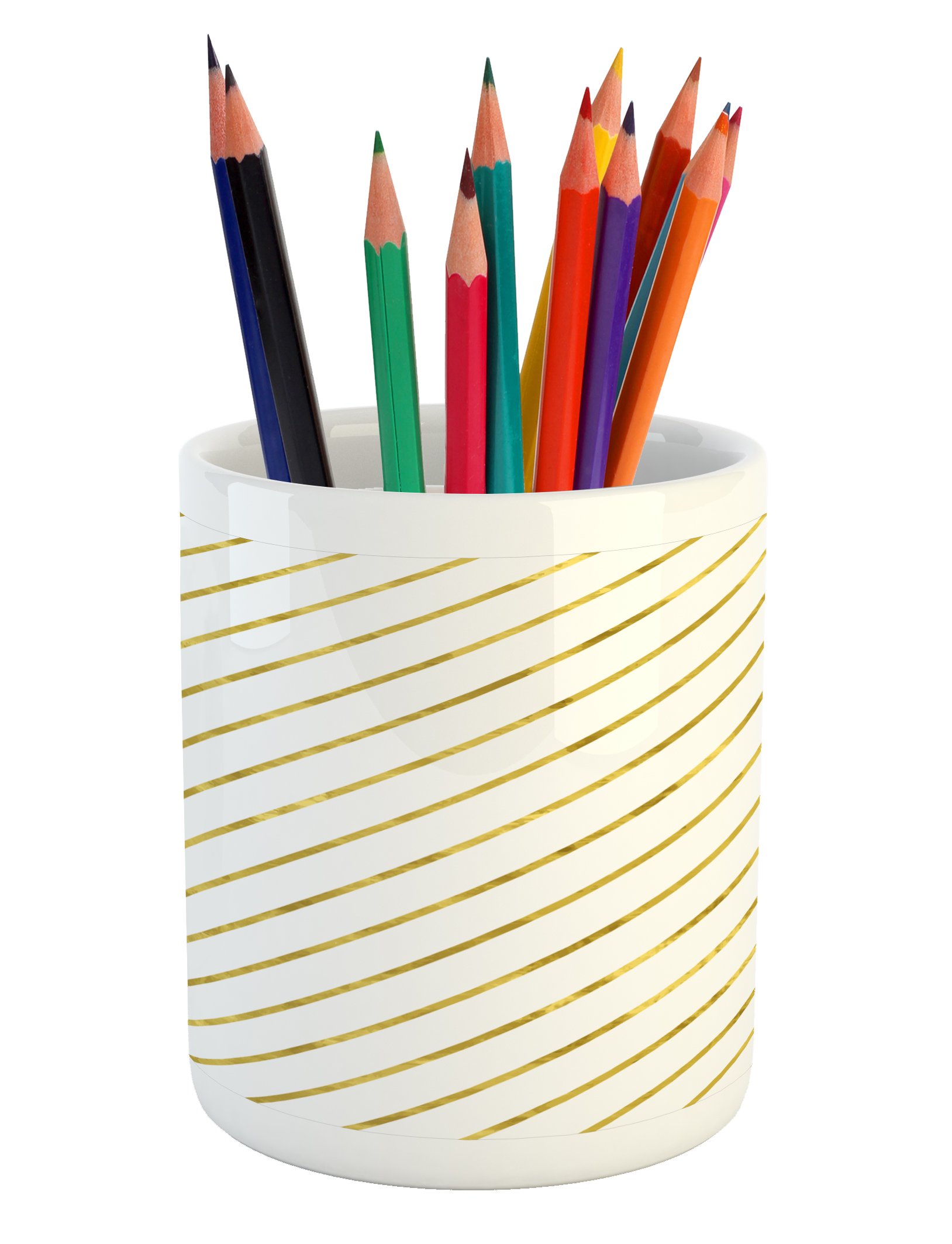 Ambesonne Striped Ceramic Pen Holder - Modern Abstract Diagonal Lines Design for Office Desk Organizer, White & Yellow - Perfect for Home Office, School, and Workspace Organization
