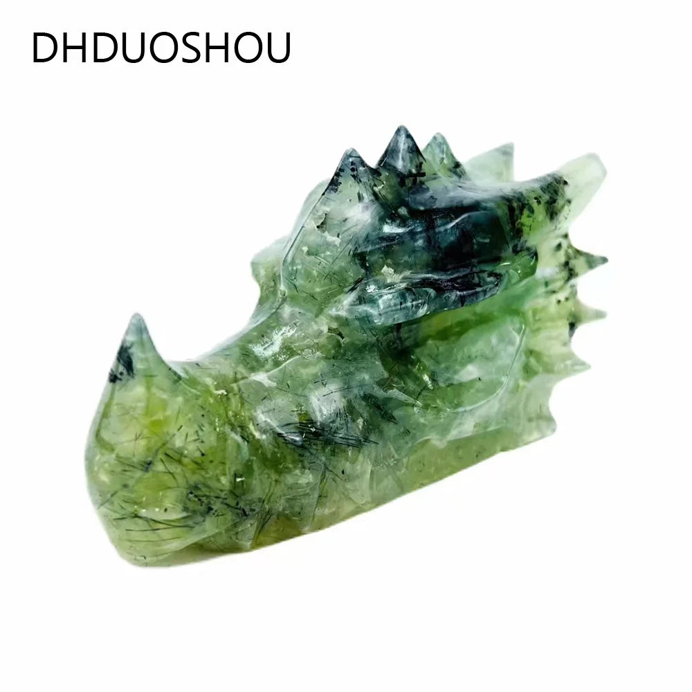 Handcrafted Natural Prehnite Crystal Dragon Skull Carving Sculpture - Real Gemstone Animal Skull Art for Home Decor, Gift & Meditation Space