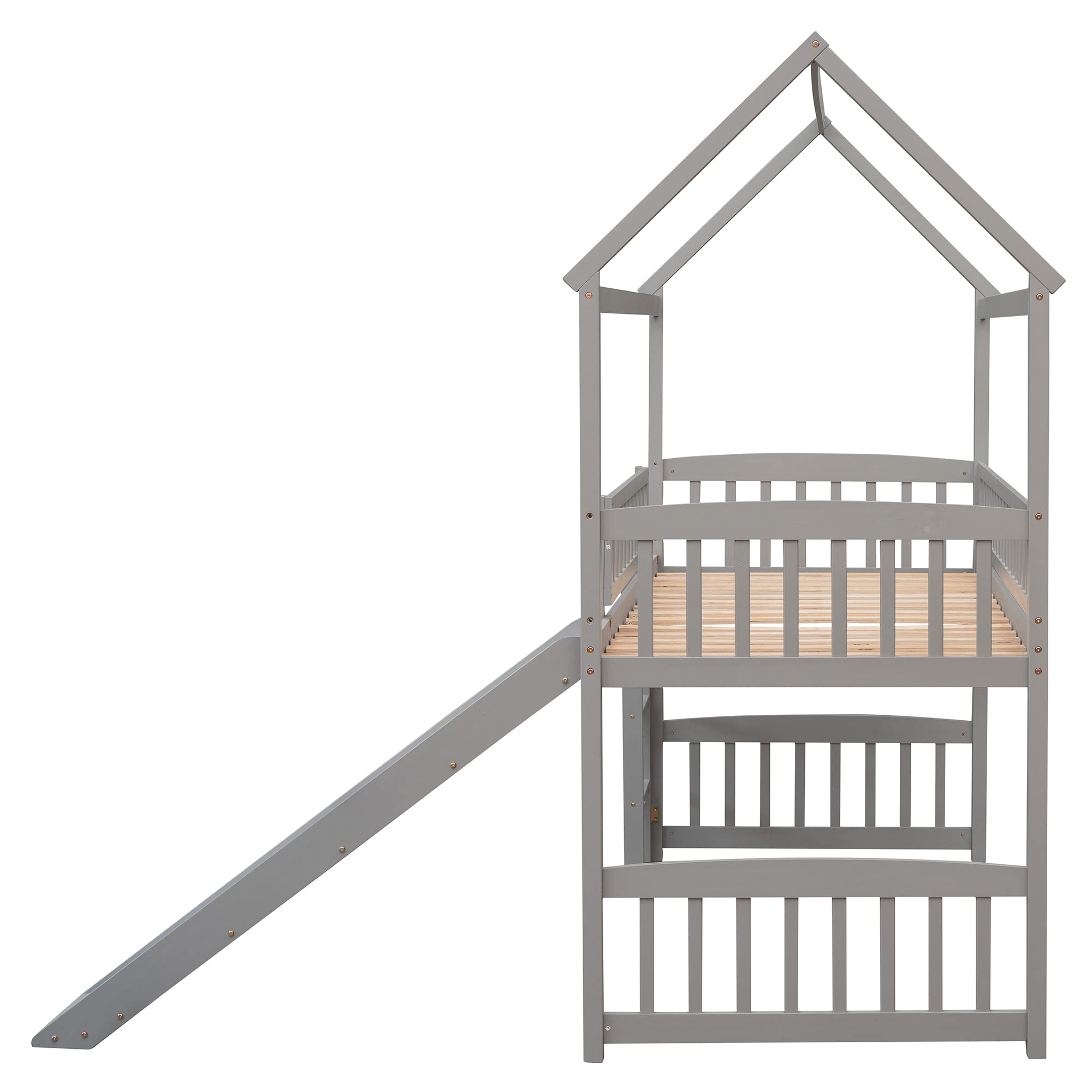 Bellemave Twin Loft Bed with Slide - Wooden House Style Bunk Bed with Roof for Kids & Toddlers - Space Saving Grey Loft Bed for Small Rooms - Perfect for Boys & Girls Bedroom, Playroom or Dorm