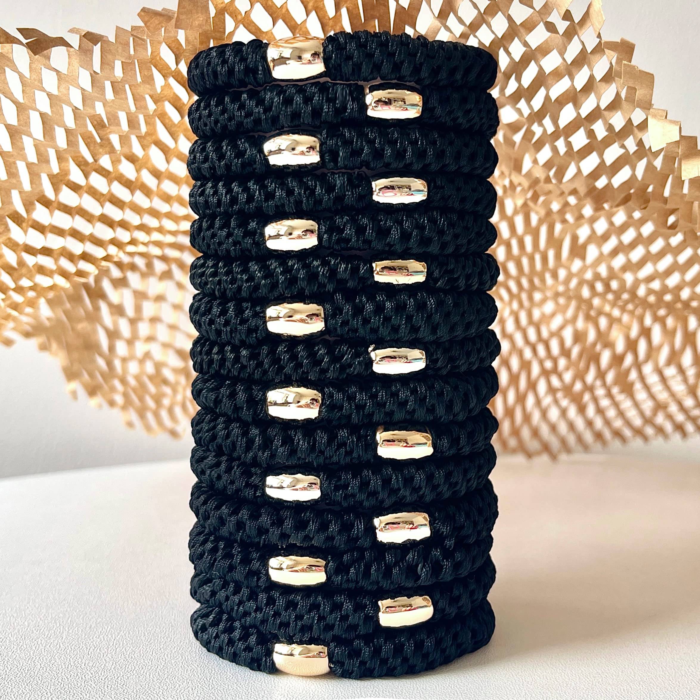Tanha 15Pcs Hair Tie Bracelet Set - No Damage Stretchy Hair Bands for Women & Men, Strong Ponytail Holders for Thick Hair (Black) - Perfect for Gym, Work, Travel & Everyday Use