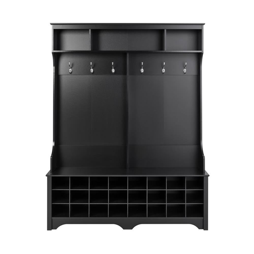 Prepac Black Hall Tree Entryway Storage Cabinet - 24 Shoe Cubbies & 6 Double Coat Hooks - 15.5