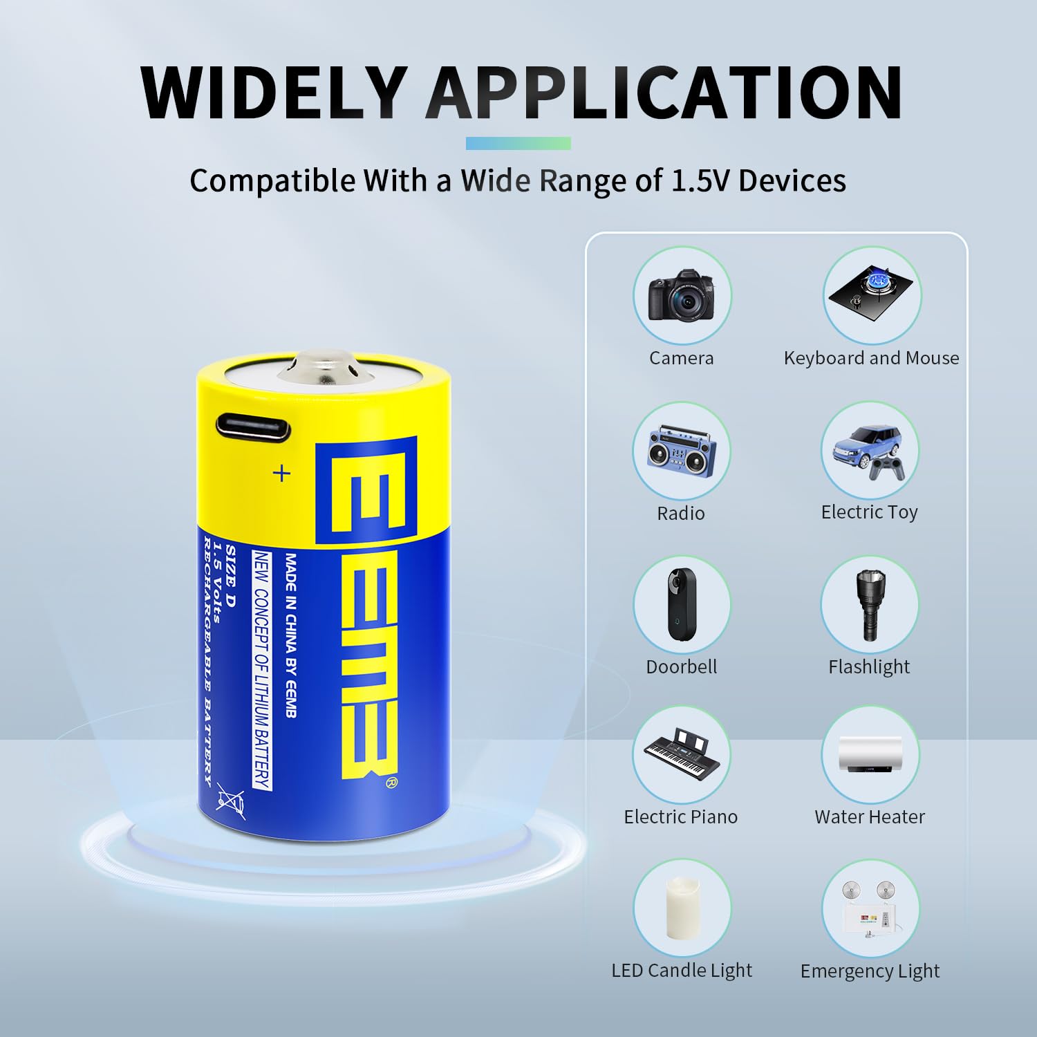 EEMB 2-Pack Rechargeable D Cell Batteries 1.5V Lithium USB-C Charging LR20 D Batteries - Long Lasting Power for Flashlights, Emergency Kits & Camping Gear