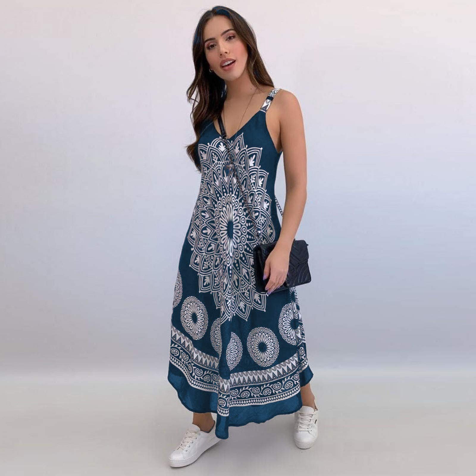 Women's Vintage Boho Maxi Dress - Flowy Long Summer Sundress with Print, Comfortable Beach Dress for Casual Outings, Vacations & Boho Chic Style
