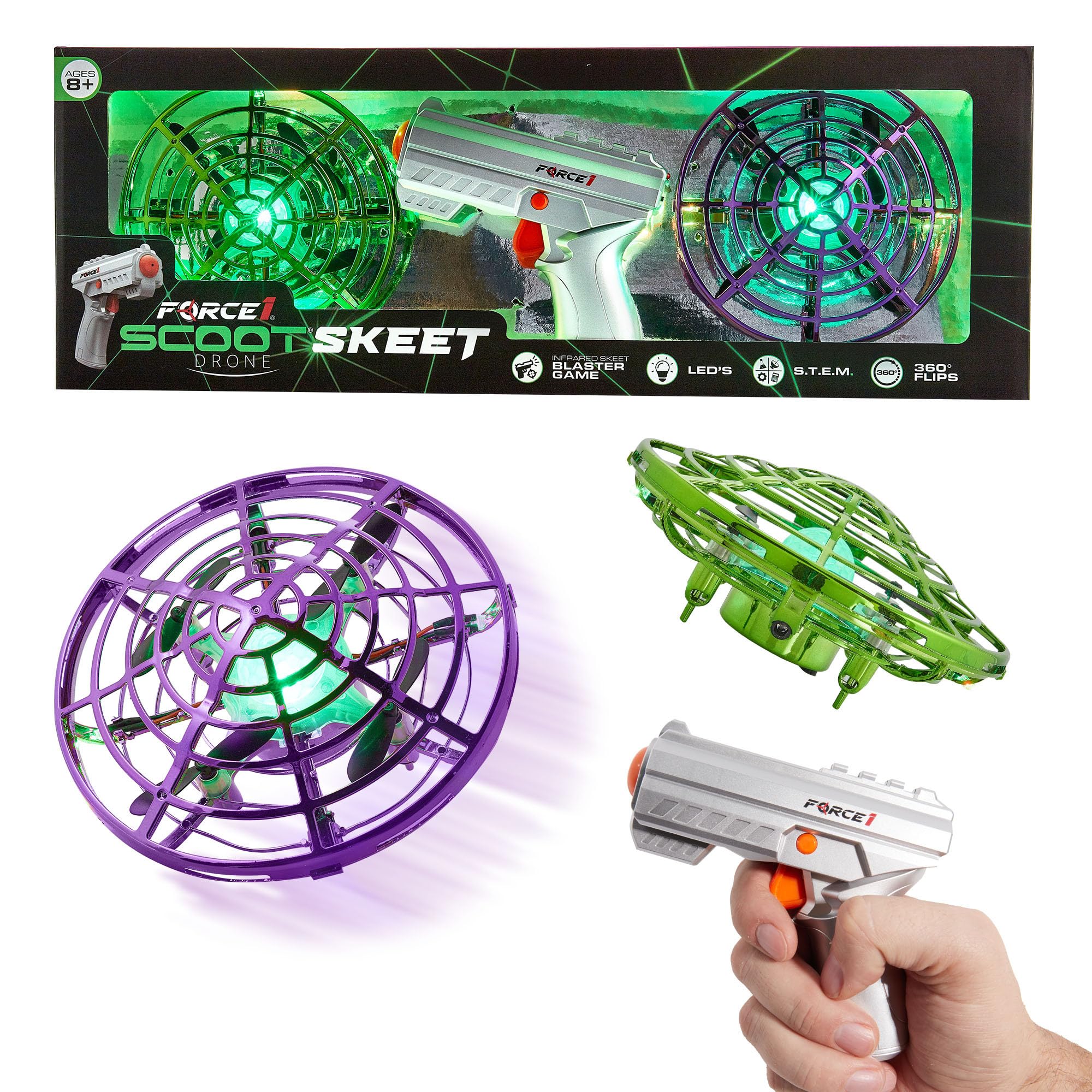 Force1 Scoot Skeet 3pk Mini Drone Set with LED Toy Gun - Electronic Shooting Target Game for Kids & Adults, Indoor Flying Ball Toys (Purple/Green) - Perfect for Birthday Gifts, Family Game Nights & STEM Learning Activities
