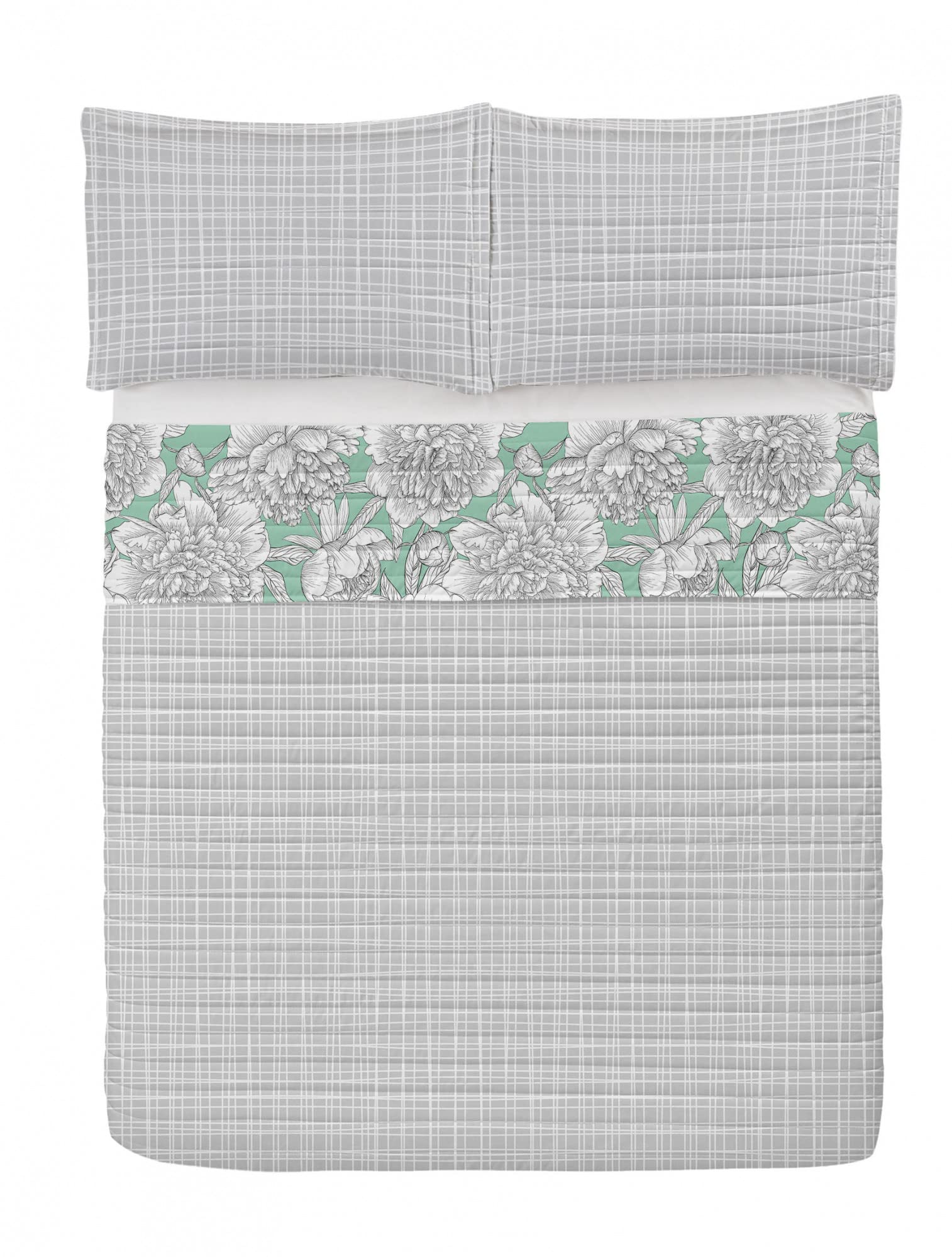 Ambesonne Floral Reversible King Size Bedspread Set with Pillow Shams - Hand Drawn Rose, Chamomile & Peonies Design on Microfiber Bedding - Almond Green - Perfect for Master Bedroom, Guest Room & Bohemian Home Decor