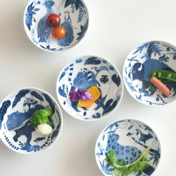 Premium Japanese Hasami Yaki Square Small Bowl Set of 5pcs - Handcrafted Ceramic Animal Design Bowls for Sushi, Salad, Dessert & Home Decor