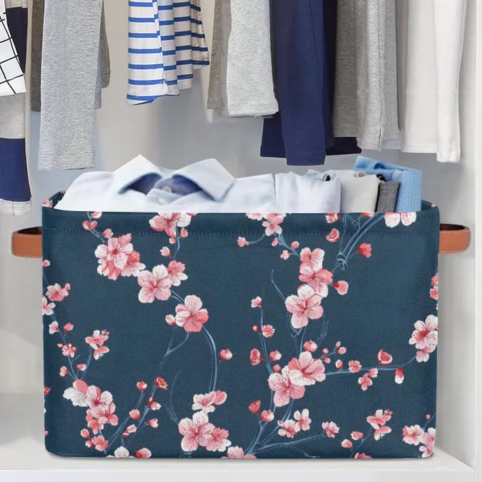 Large Fabric Storage Baskets with Handles - 2 Pack Cherry Blossom Decorative Collapsible Organizer Bins for Shelves, Closet & Home | Perfect for Clothes, Toys & Bedroom Organization